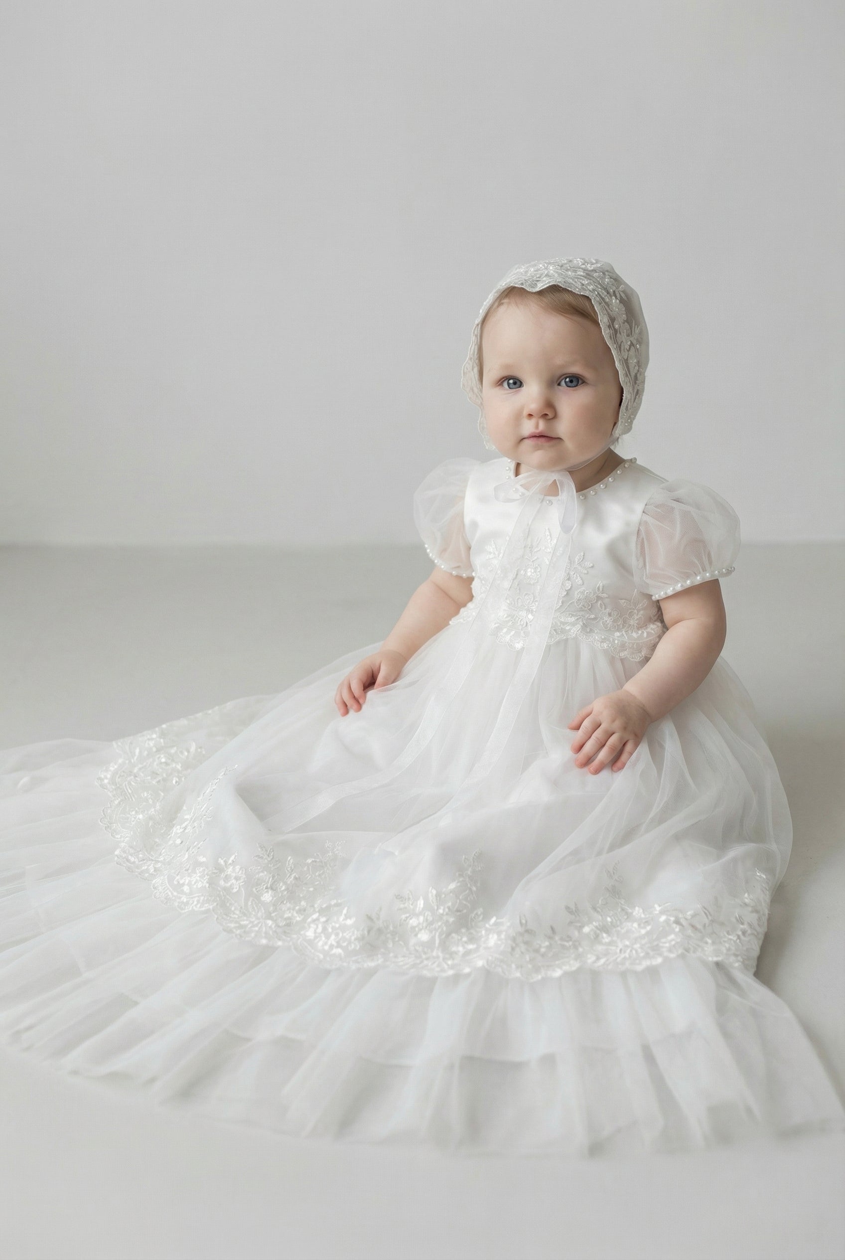 Baby Girls Embroidered Bodice Baptism Dress & Bonnet Set - Ivory