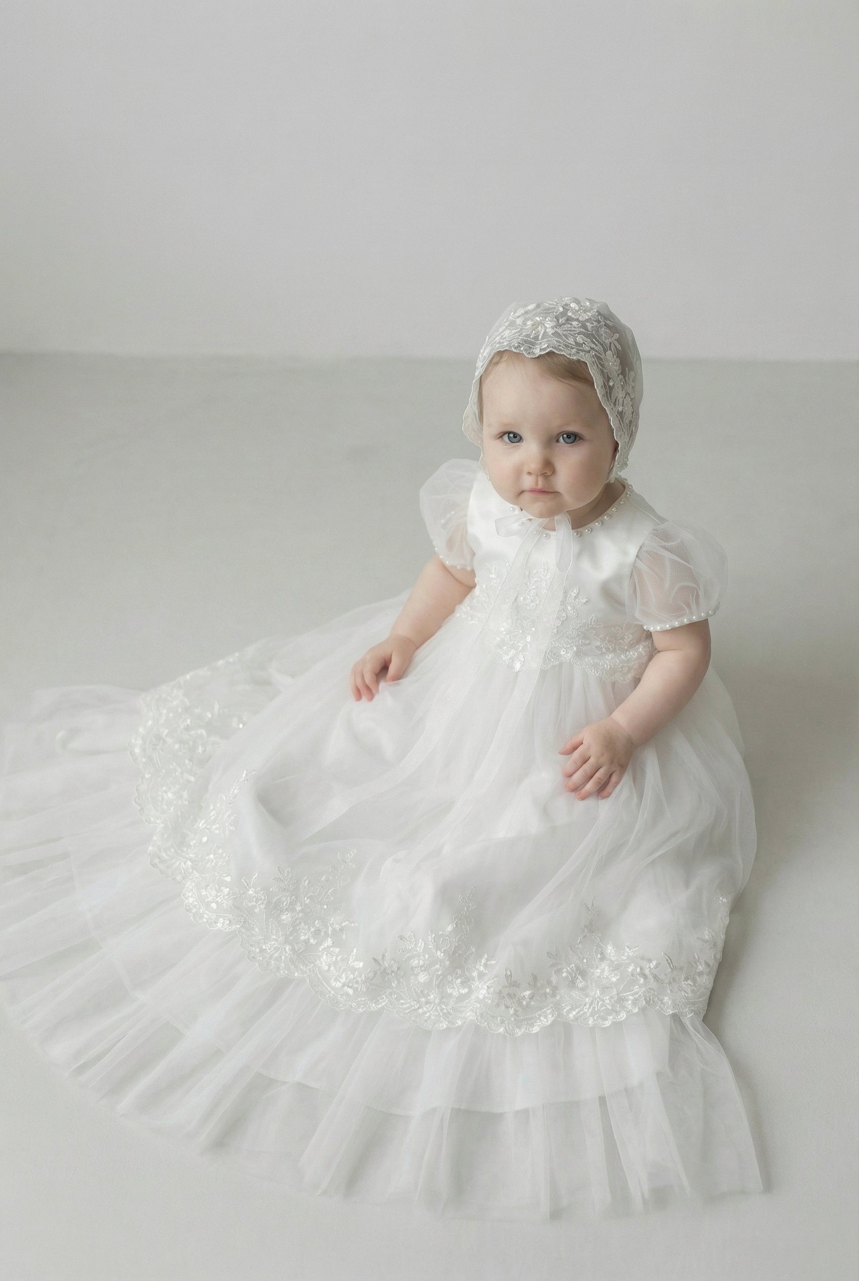 Baby Girls Embroidered Bodice Baptism Dress & Bonnet Set - Ivory Model Front Picture