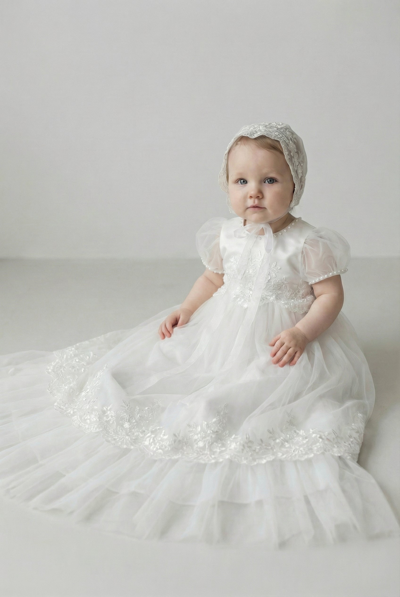 Baby Girls Embroidered Bodice Baptism Dress & Bonnet Set - Ivory Model Side Picture