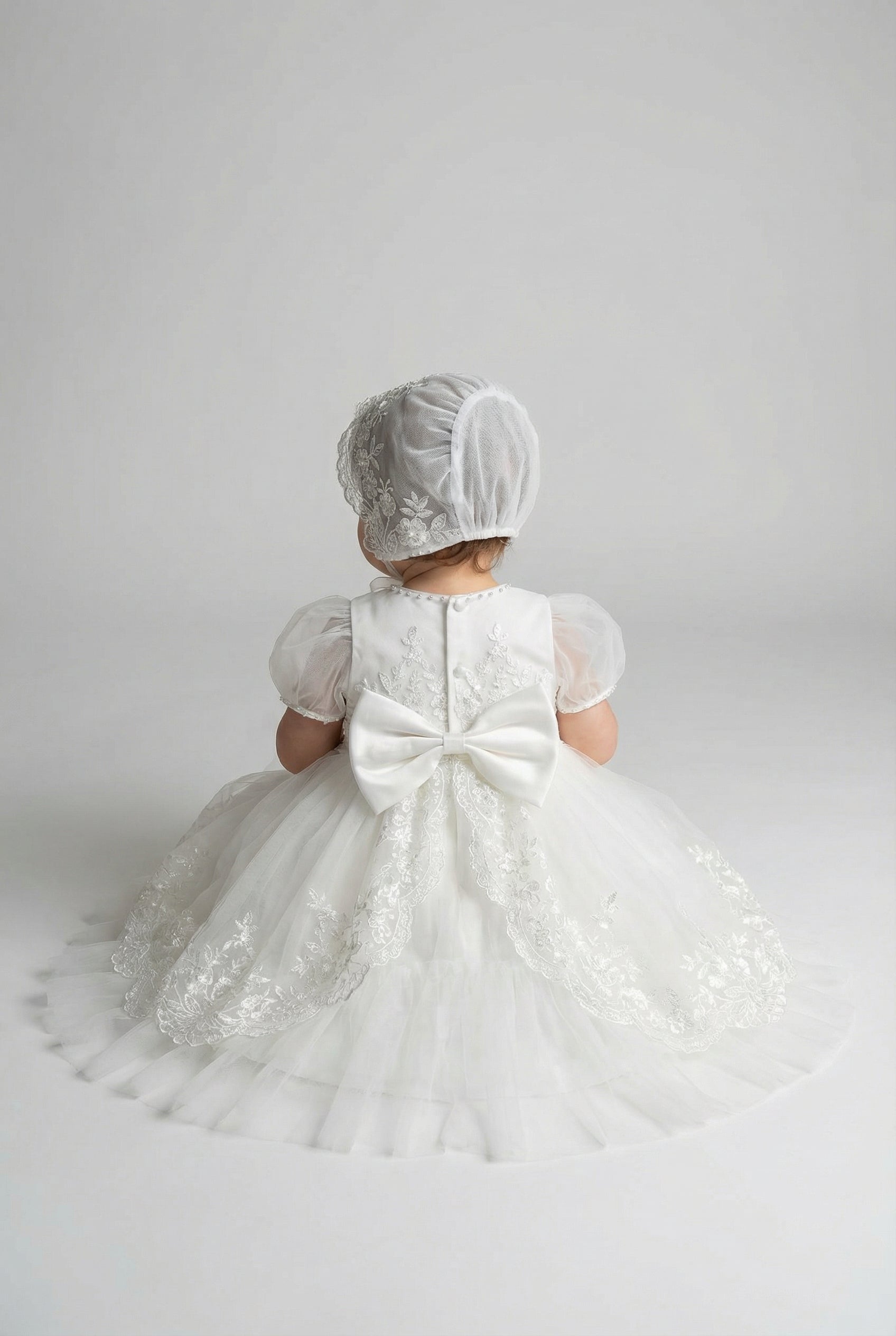 Baby Girls Embroidered Bodice Baptism Dress & Bonnet Set - Ivory Back Picture