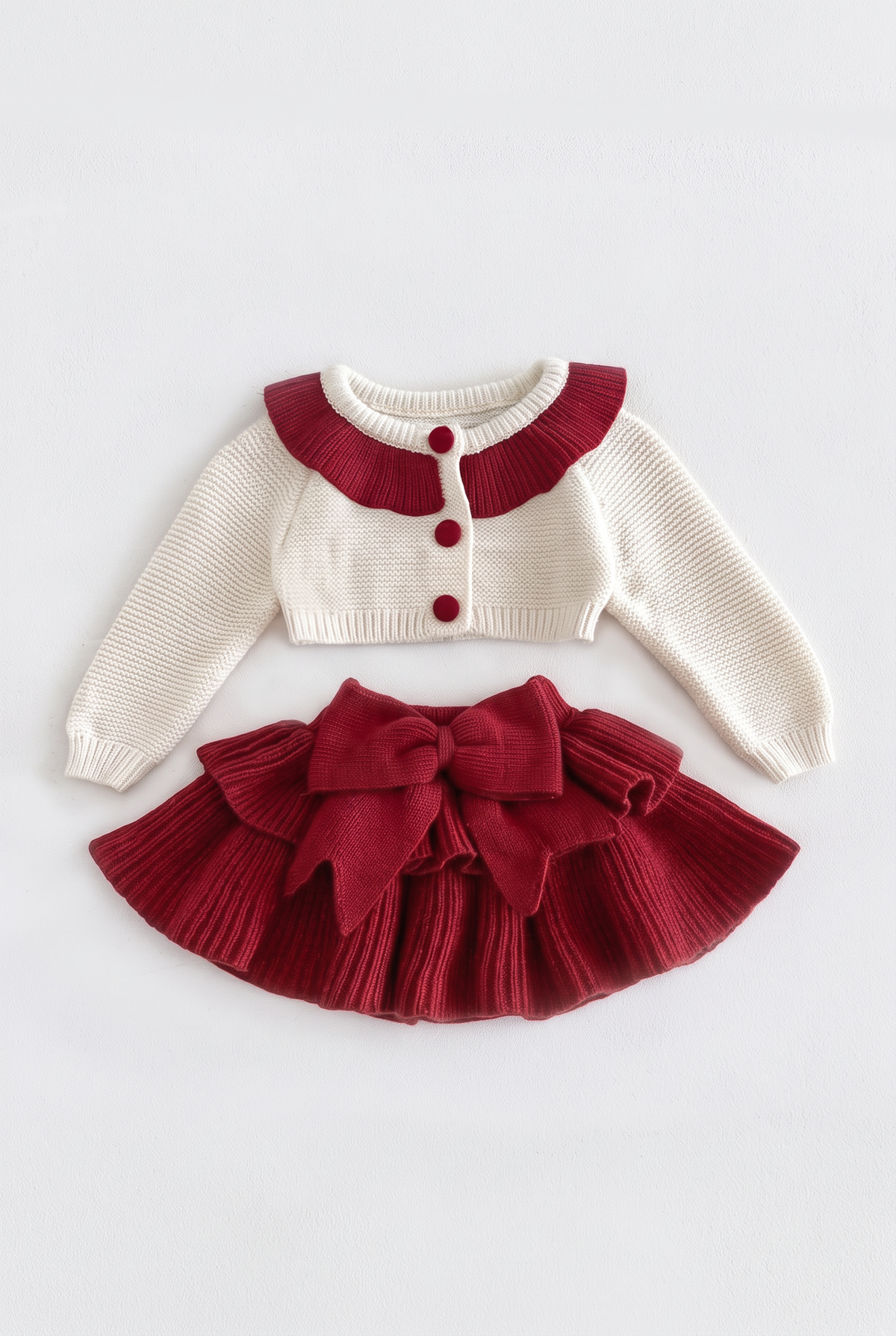 Baby Girls Frill Collar Cardigan & Oversized Bow Skirt 2-Piece Set - 26025 Red