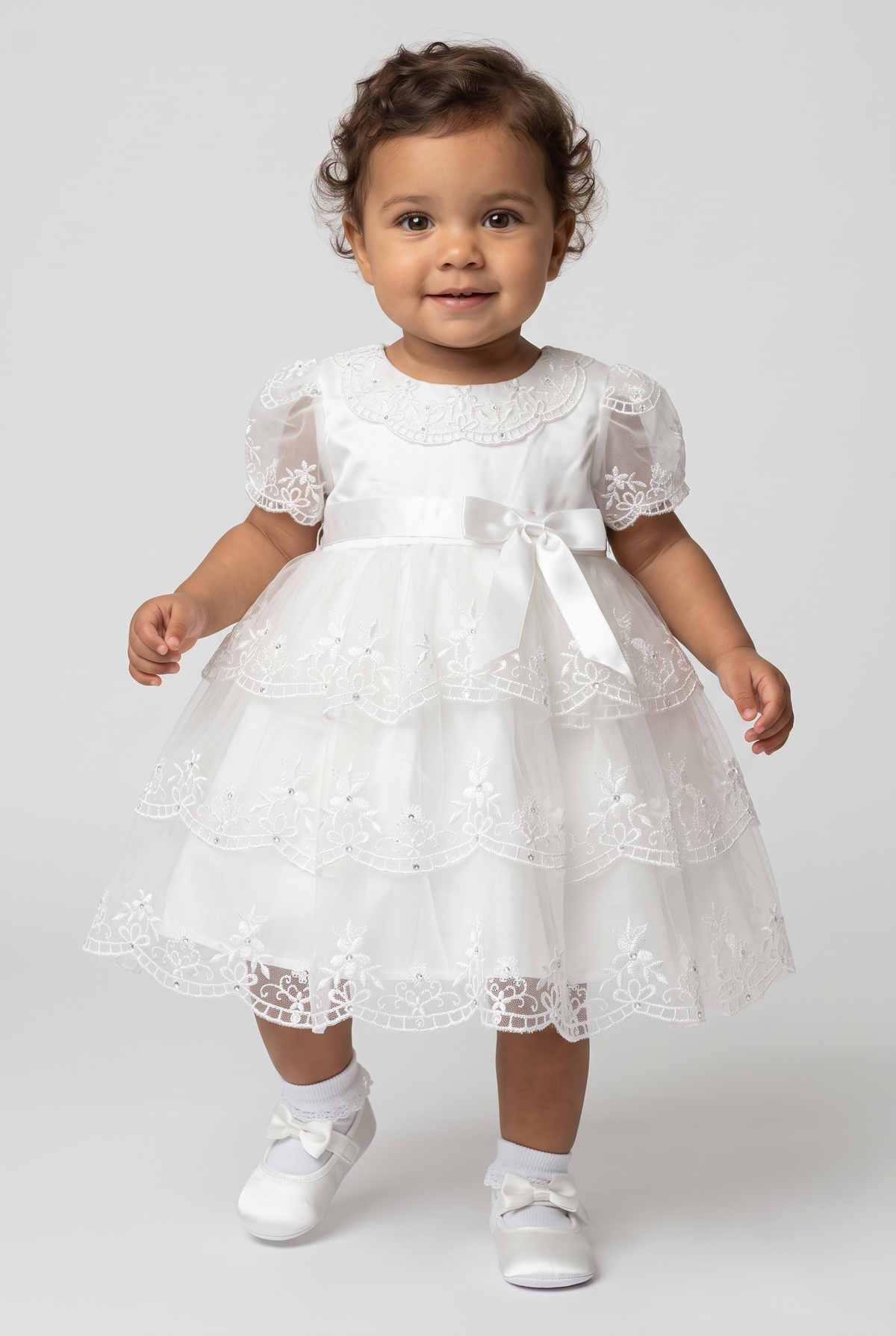 Baby Girls Ivory Embroidered Lace Tiered Christening Dress – Sevva Noemi Model Picture