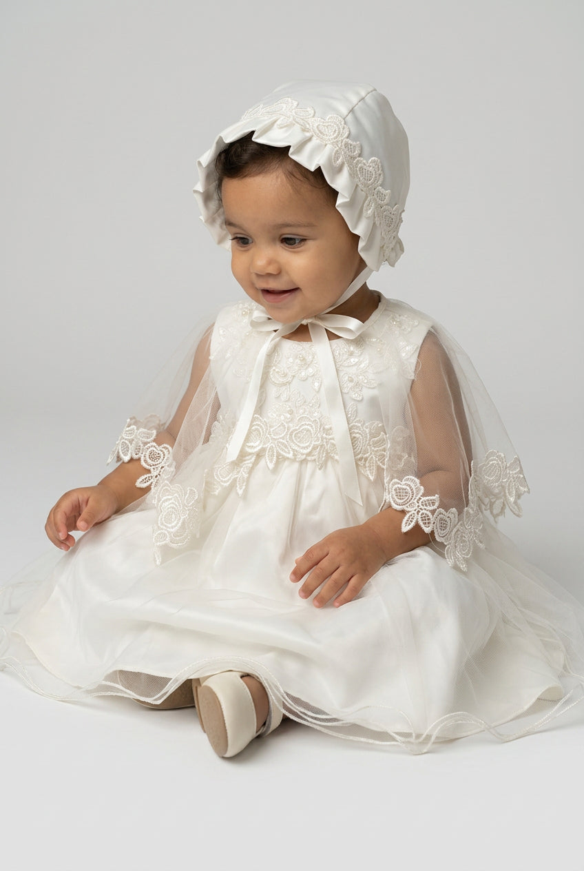 Baby Girls Ivory Embroidered Occasion Dress with Tulle Cape & Bonnet