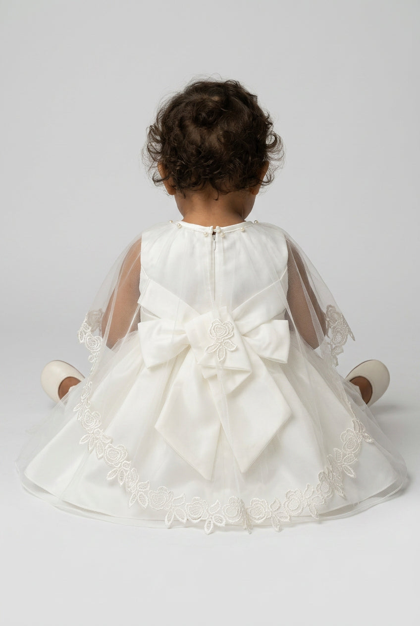 Baby Girls Ivory Embroidered Occasion Dress with Tulle Cape & Bonnet