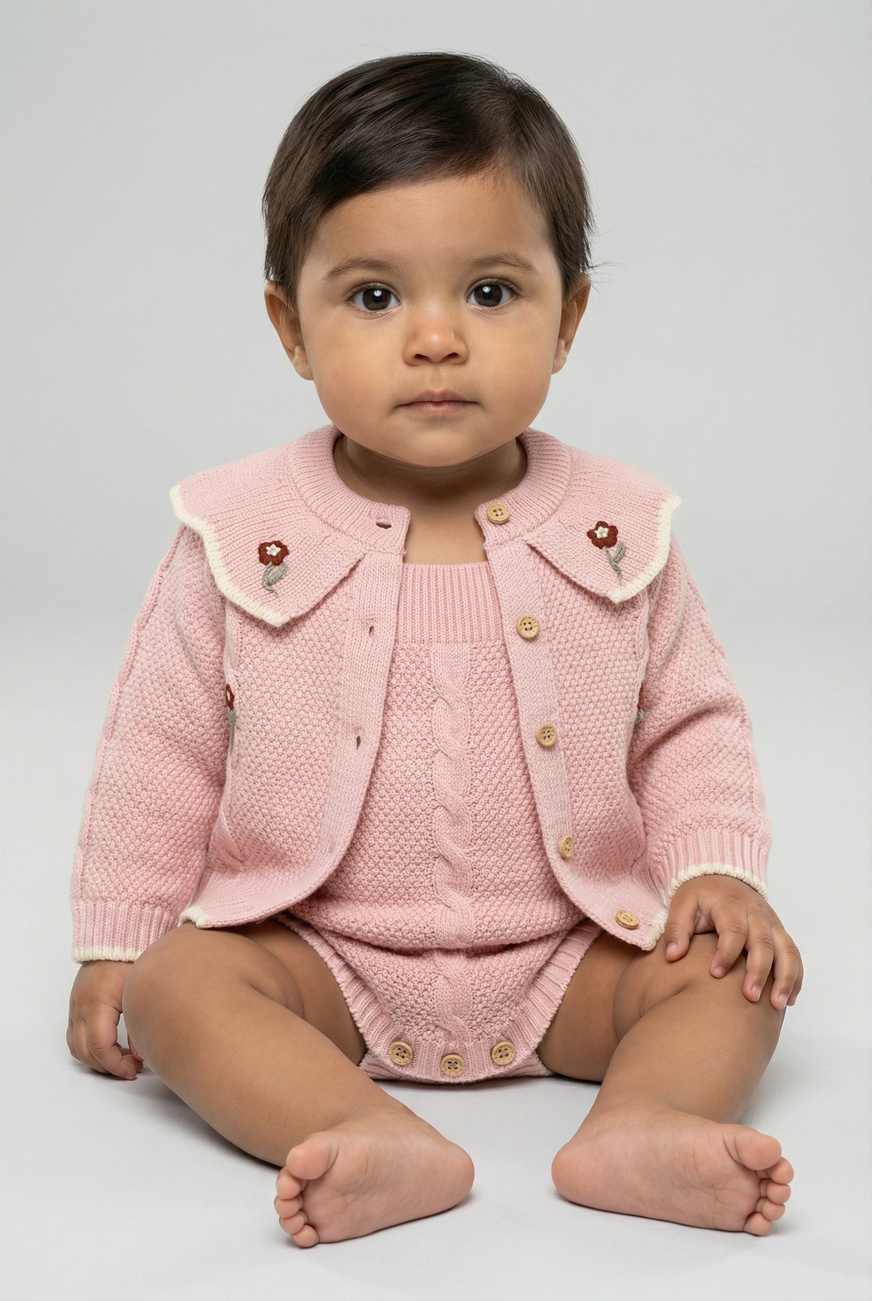 Baby Girls Knit Cardigan & Romper Set with Floral Embroidery Model Front Picture