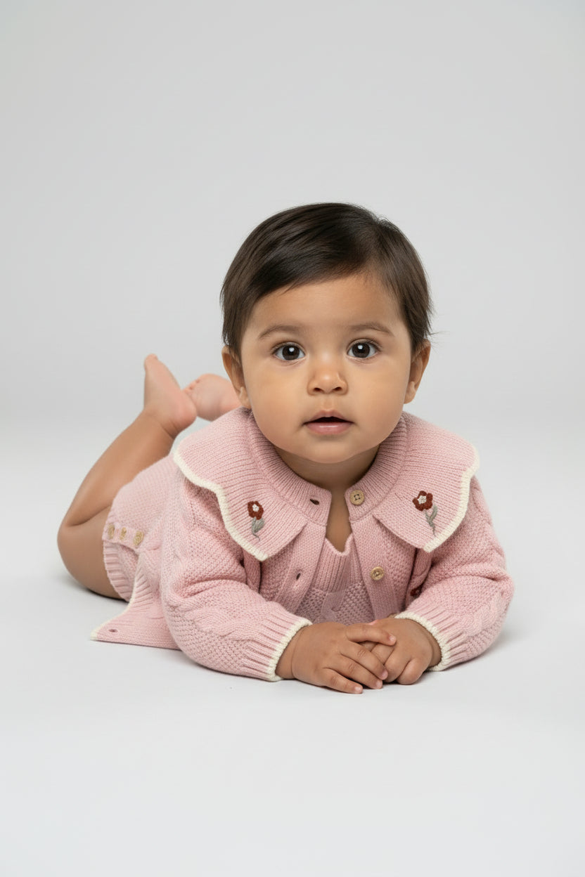 Baby Girls Knit Cardigan & Romper Set with Floral Embroidery