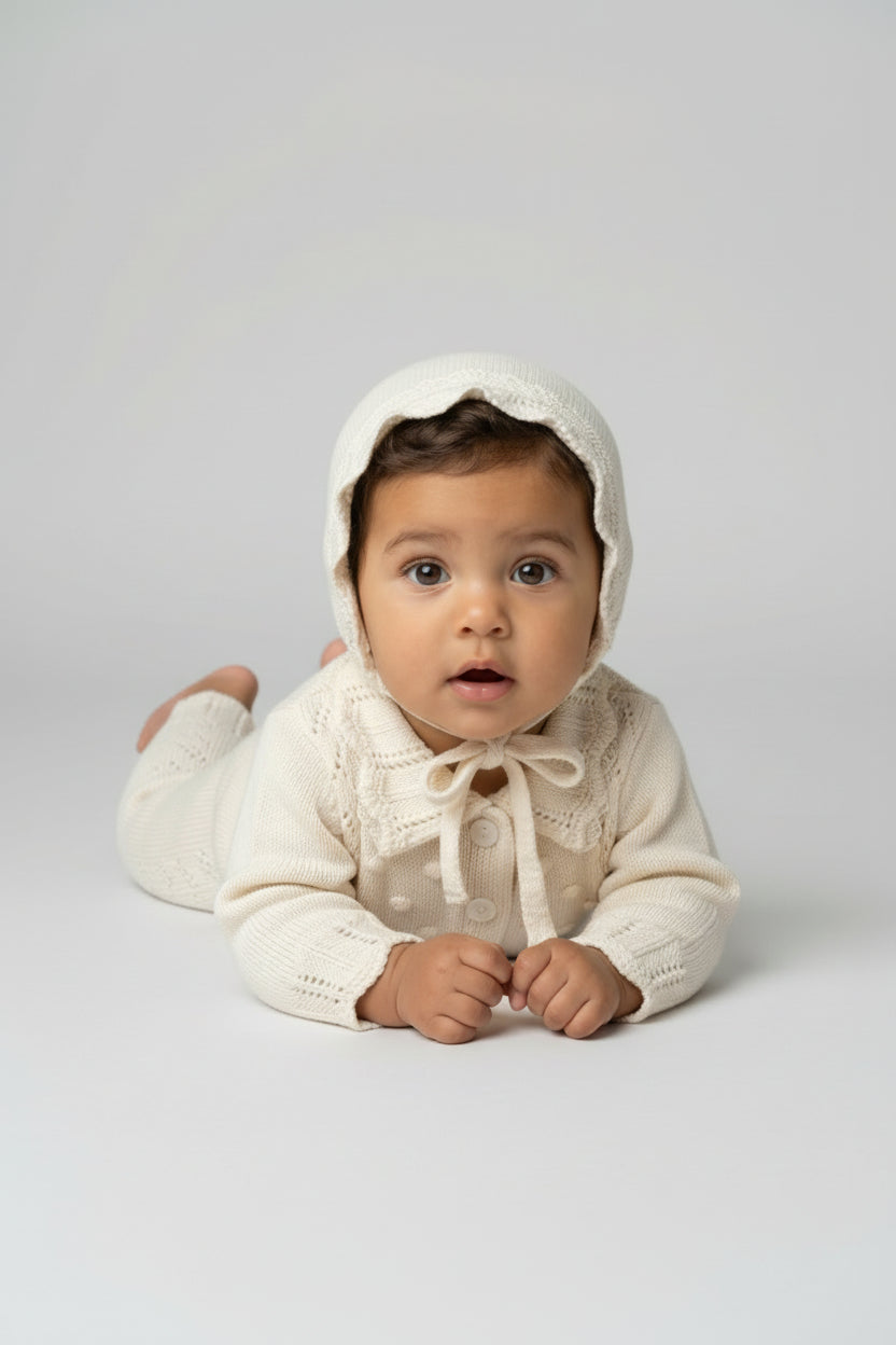 Baby Girls Knit Romper & Bonnet Set with Scalloped Collar - Ivory Model Picture