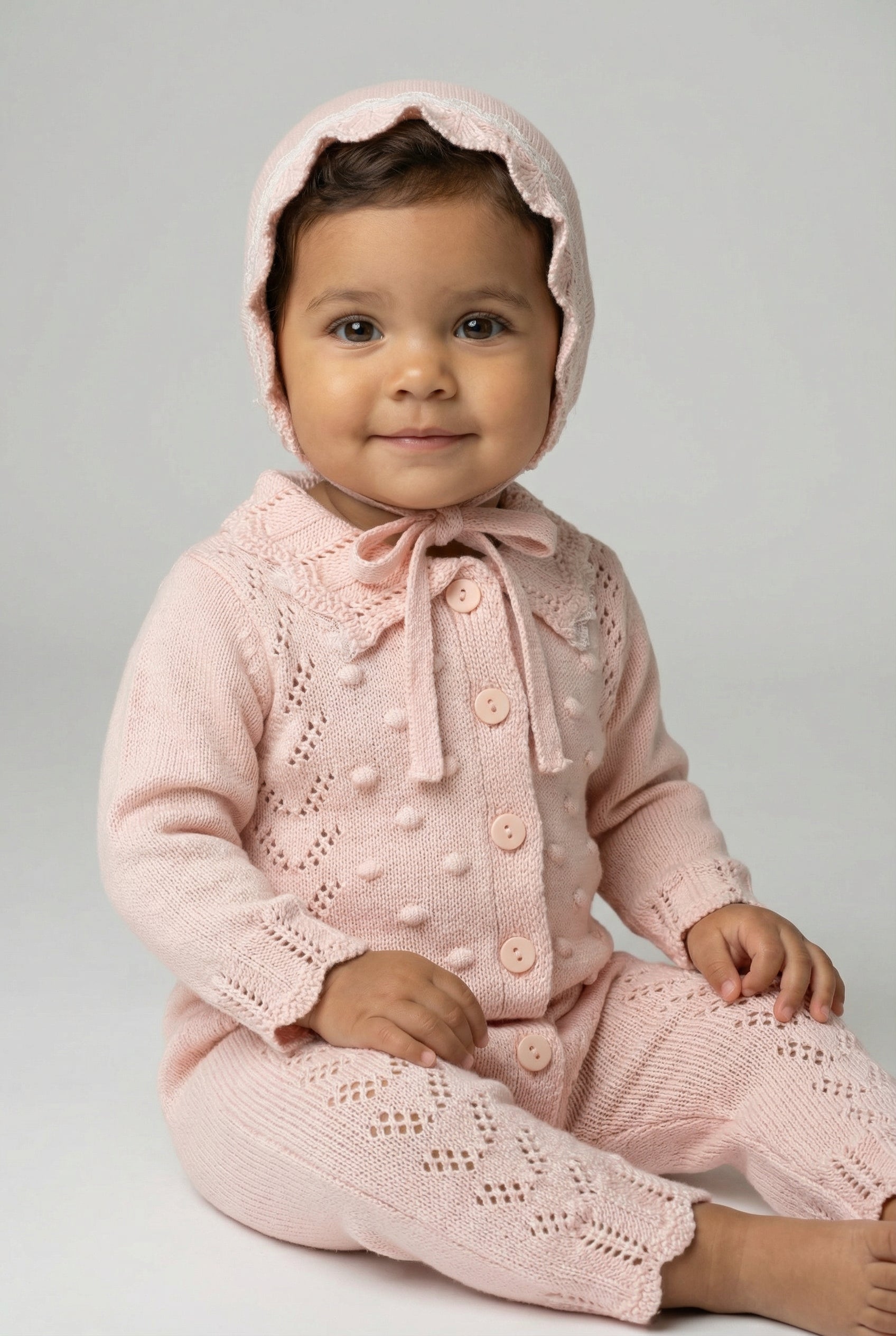 Baby Girls Knit Romper & Bonnet Set with Scalloped Collar - Pink Model Frontr Picture
