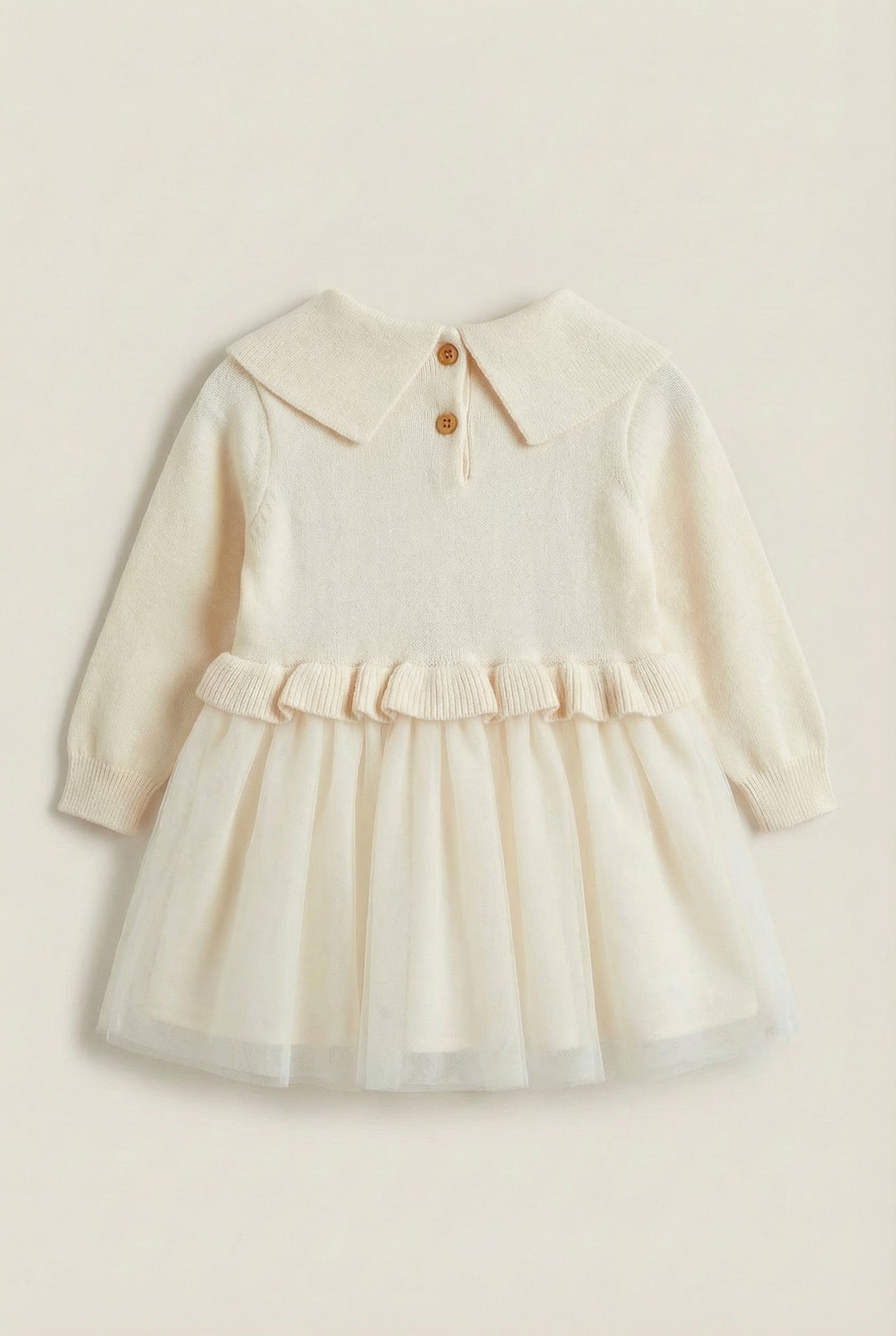 Baby Girls Knit & Tulle Dress with Peter Pan Collar - Ivory Back Picture