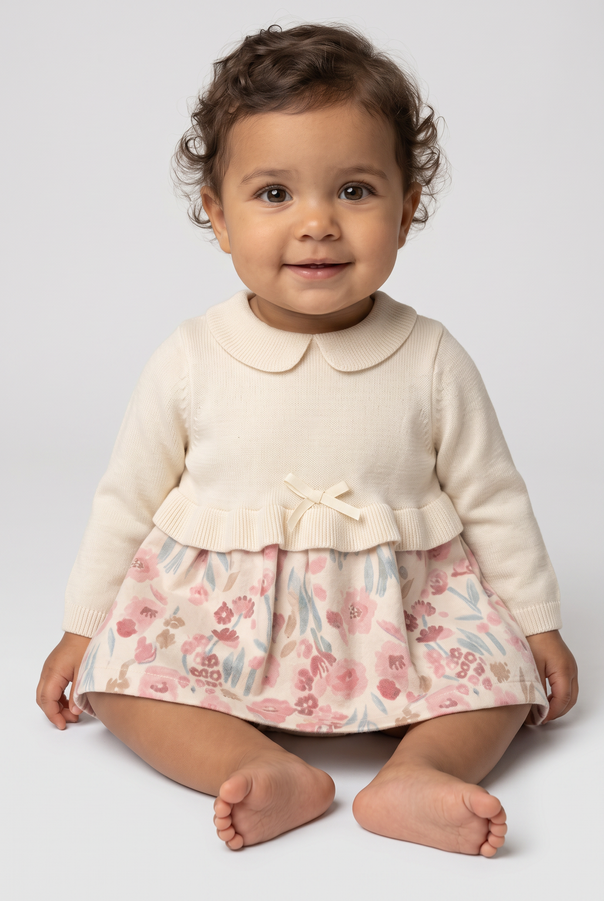 Baby Girls Knitted Bodice Floral Skirt Dress with Bow - 26062 - Ivory Front Picture