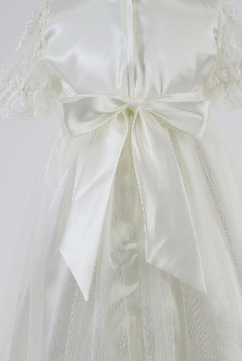 Baby Girls Lace Christening Gown with Satin Bow - G1210 Ivory