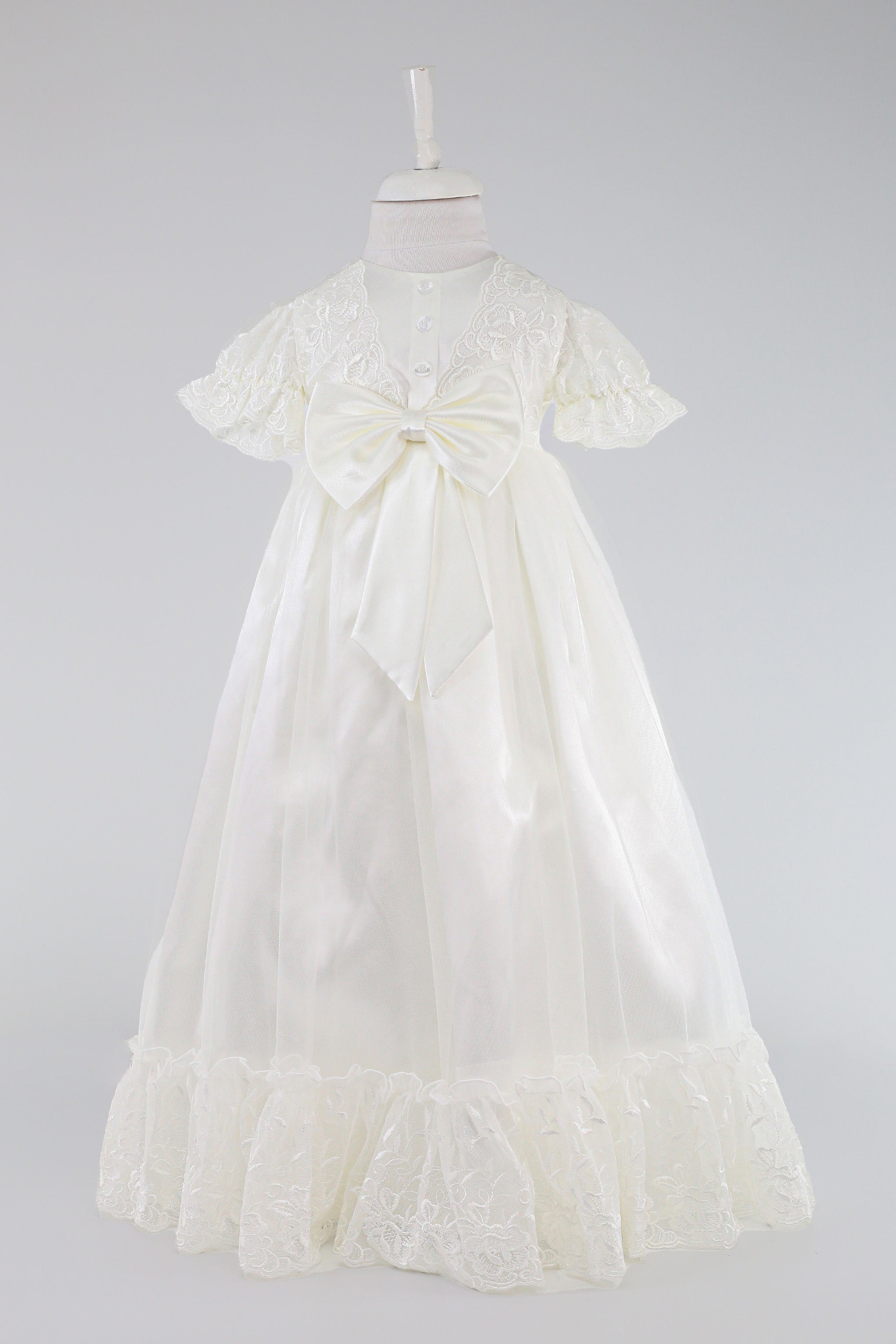 Baby Girls Lace Christening Gown with Satin Bow - G1210 Ivory