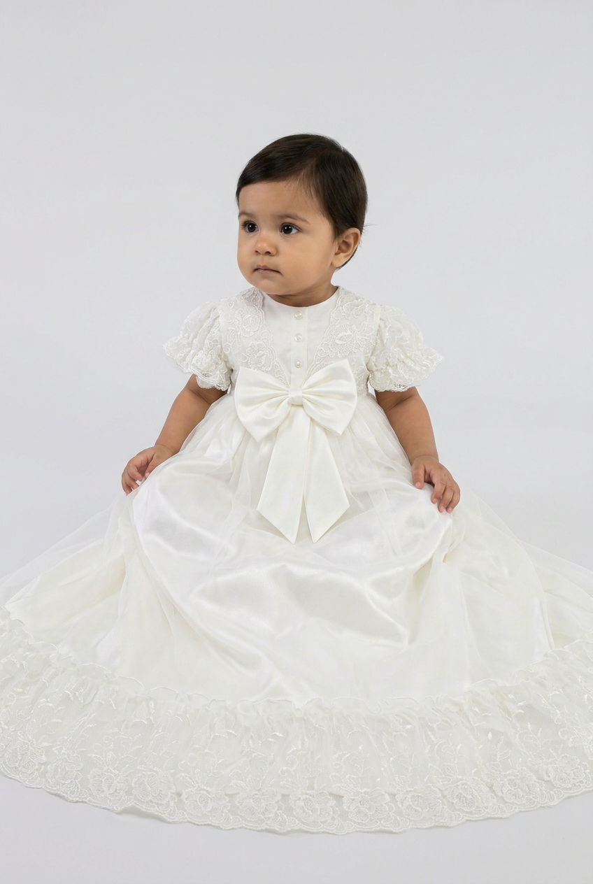 Baby Girls Lace Christening Gown with Satin Bow - G1210 Ivory