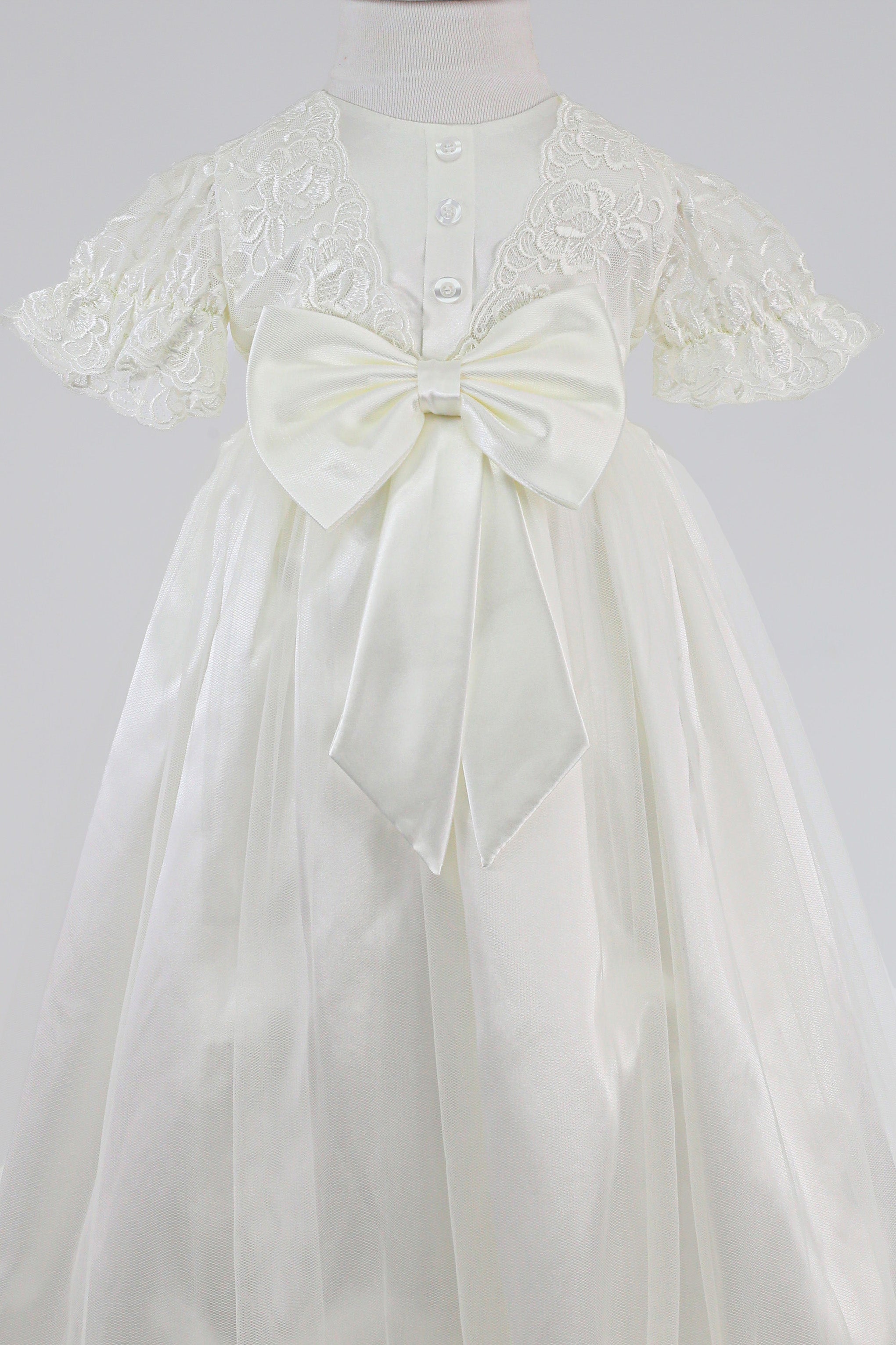 Baby Girls Lace Christening Gown with Satin Bow - G1210 Ivory