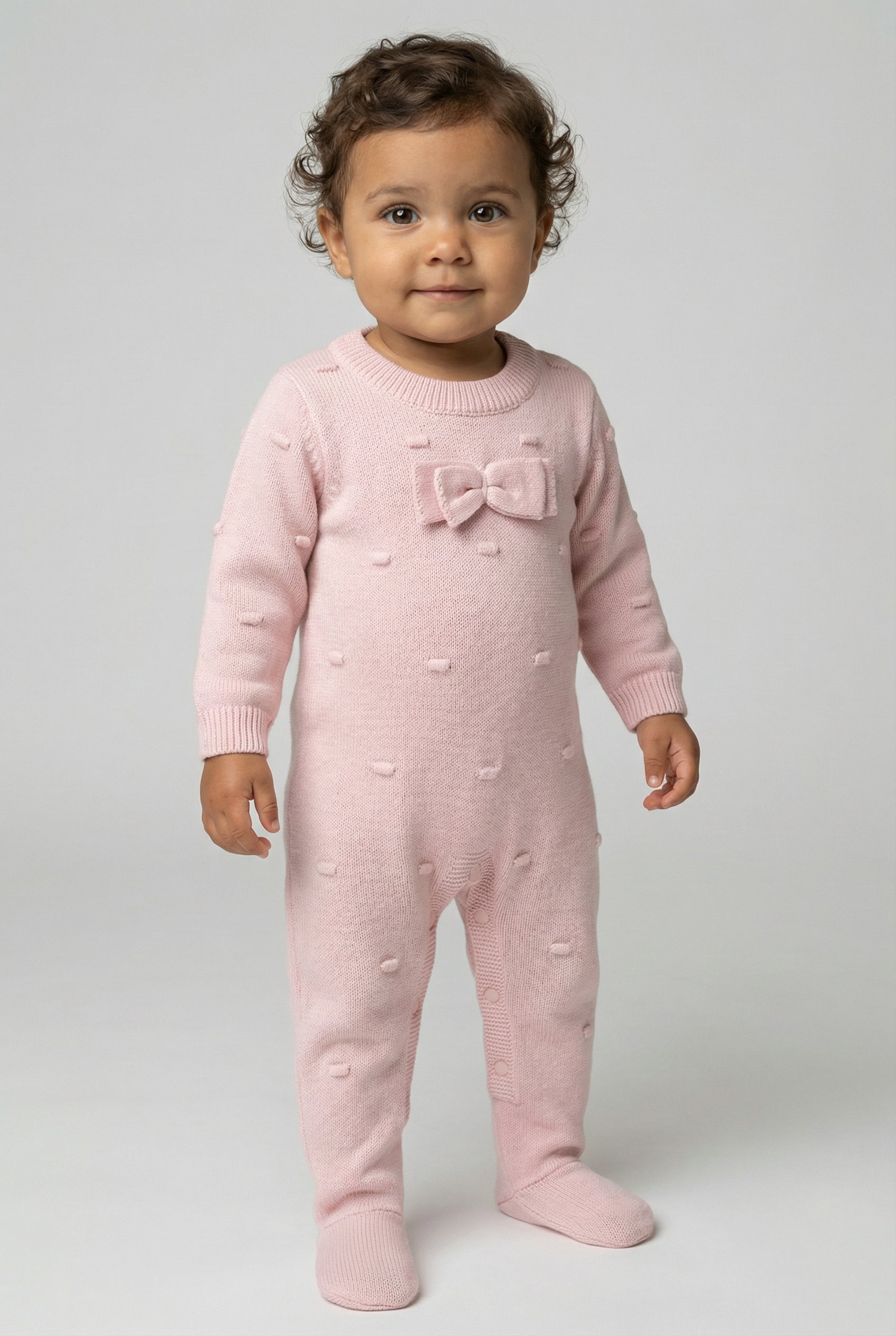 Baby Girls Long Sleeve Knit Romper with Bow Pink Model Front Picture