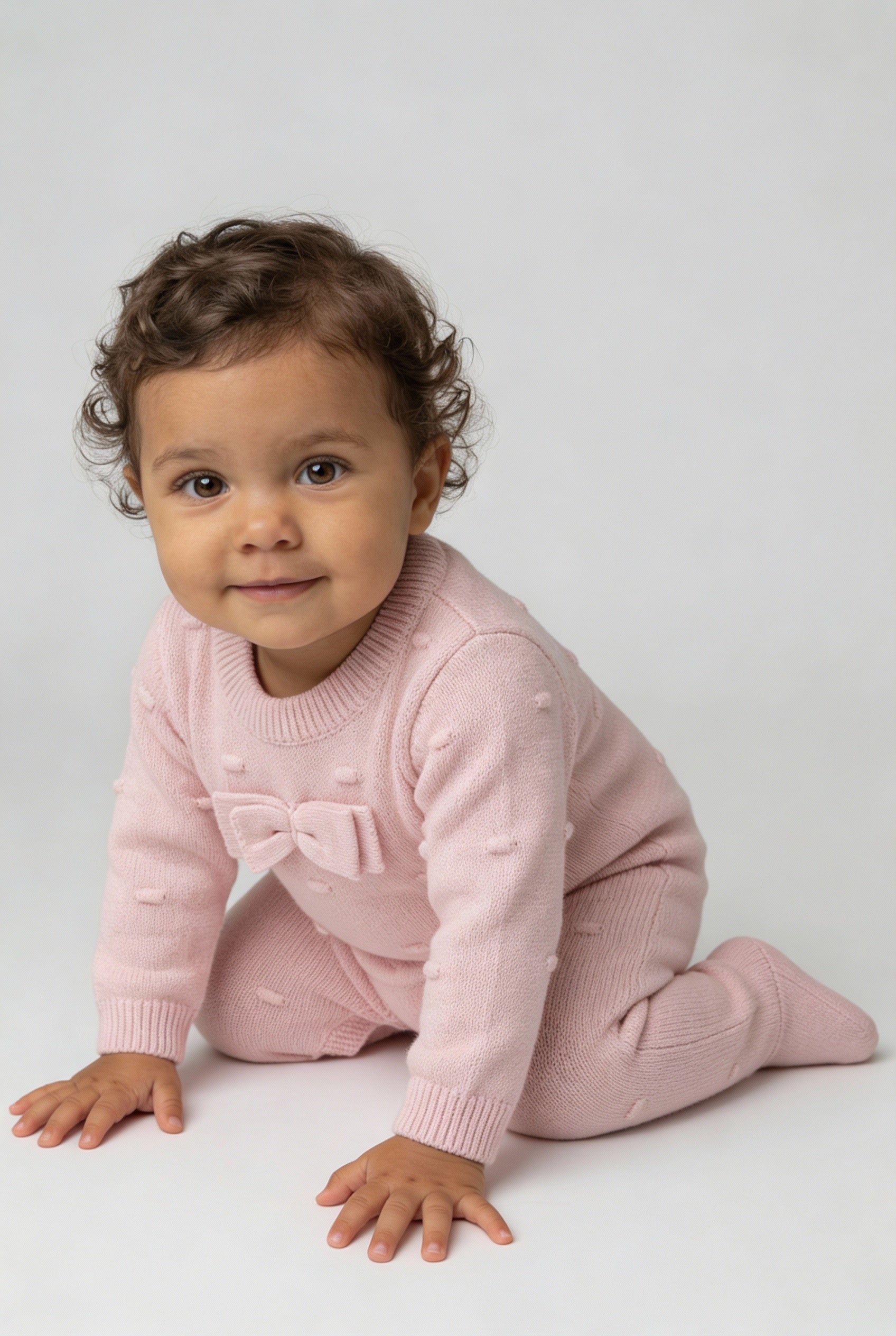 Baby Girls Long Sleeve Knit Romper with Bow Pink Model Picture