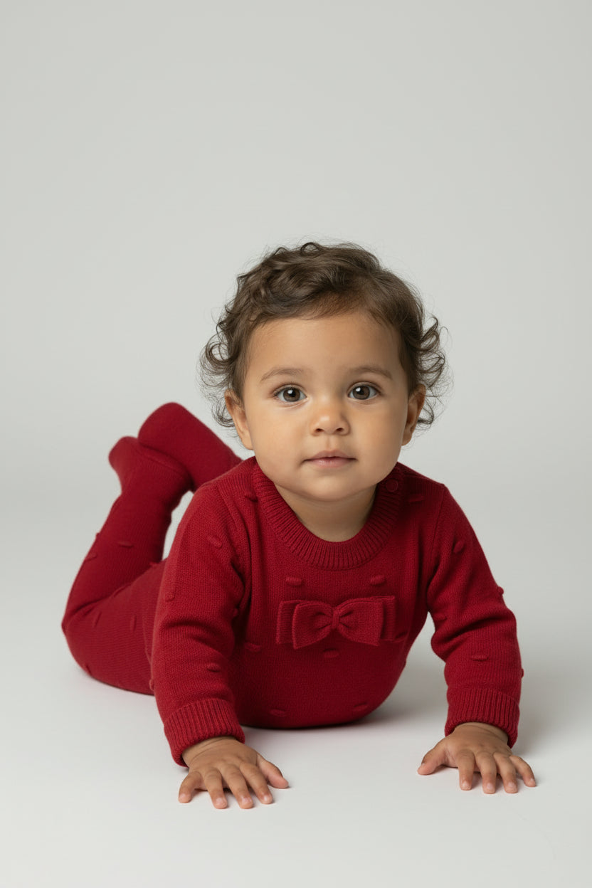 Baby Girls Long Sleeve Knit Romper with Bow Red Model Picture