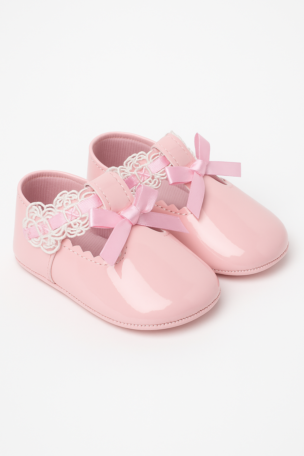 Baby Girls Patent Christening Shoes with Lace Details - VALENTINA - Pink Pair Side Picture