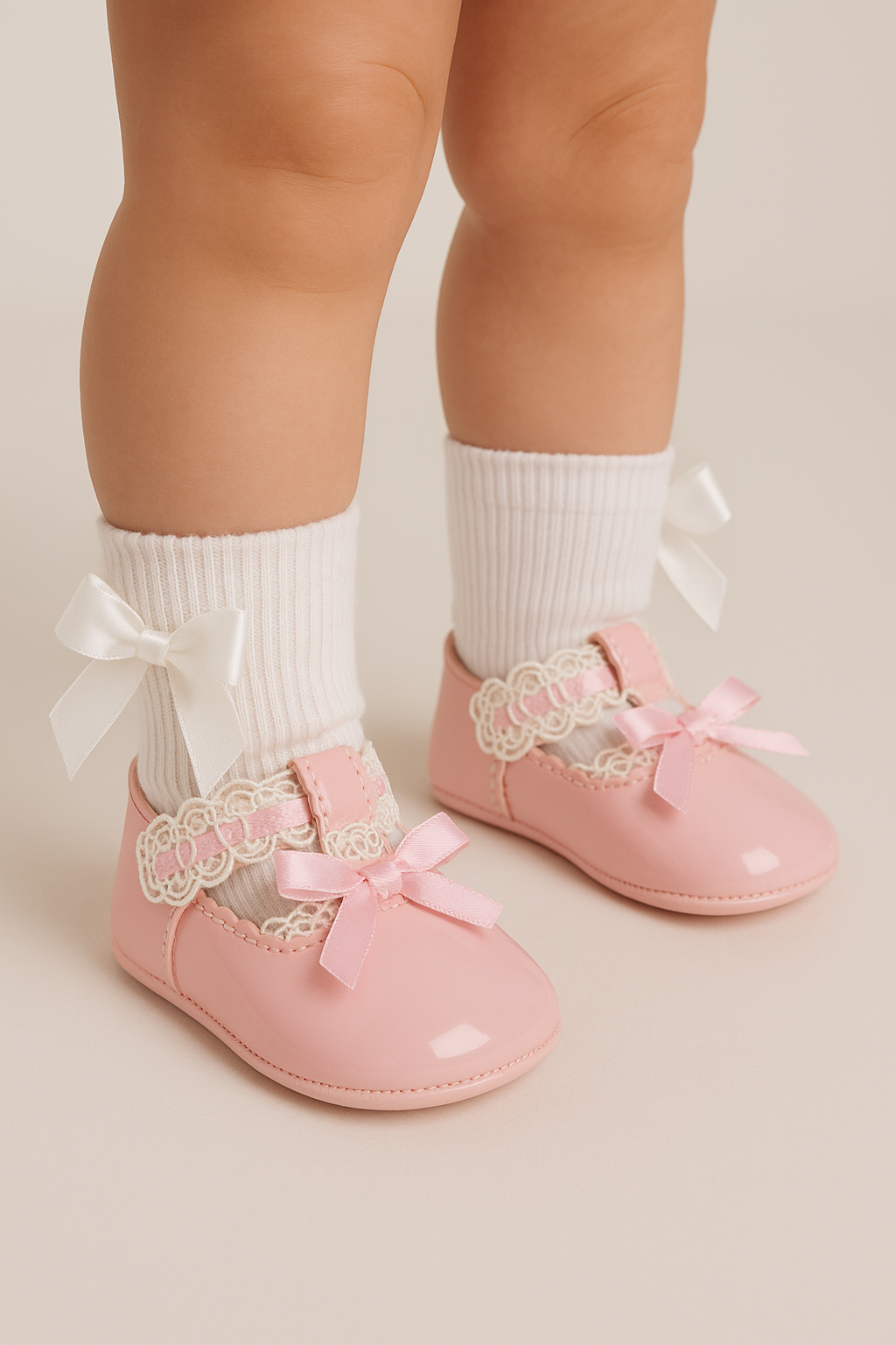 Baby Girls Patent Christening Shoes with Lace Details - VALENTINA - Pink Model Picture