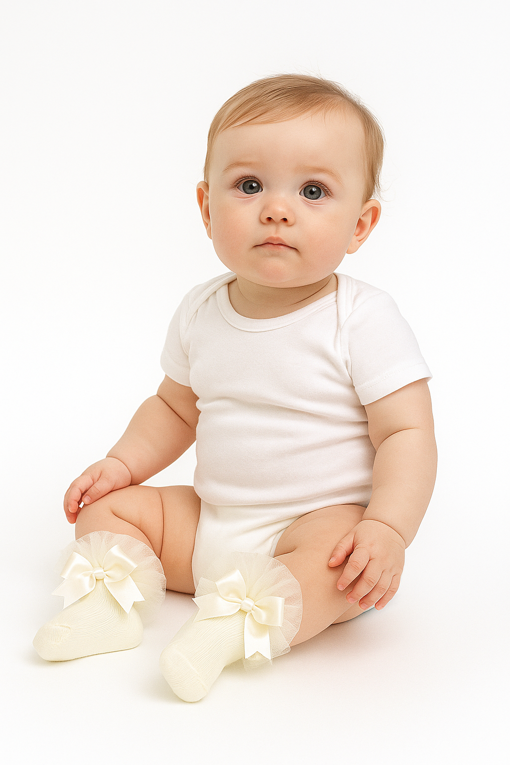 Baby Girls Ruffle Bow Frilly Ankle Socks - Ivory Model Picture
