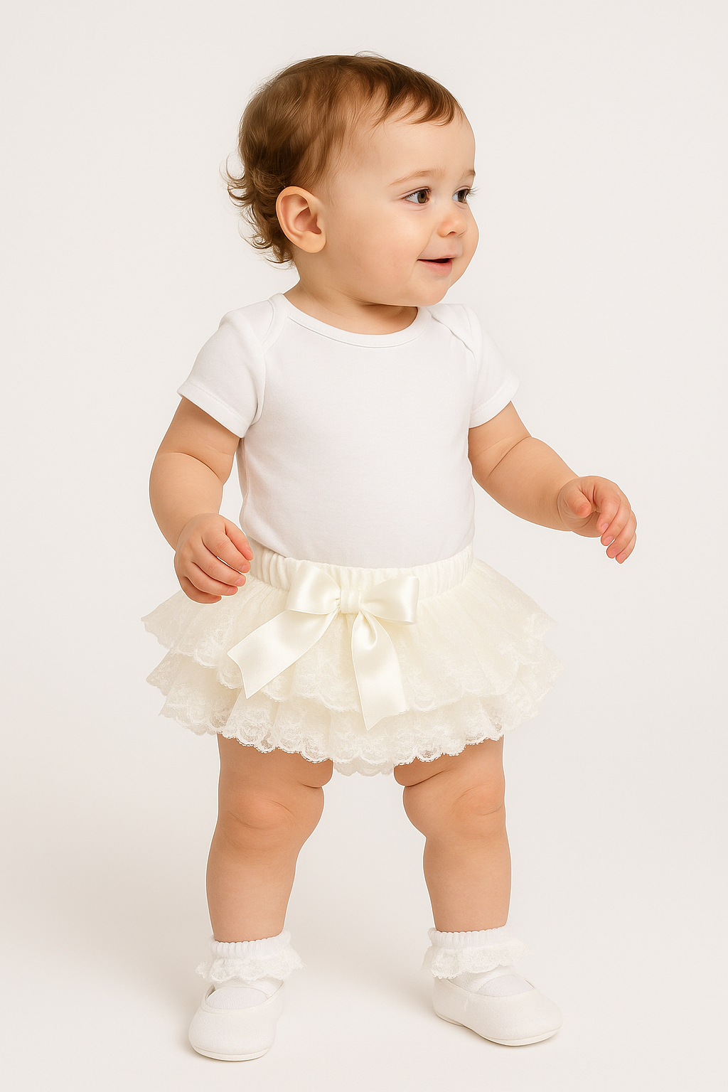 Baby Girls Ruffled Lace bloomers - White Model Picture