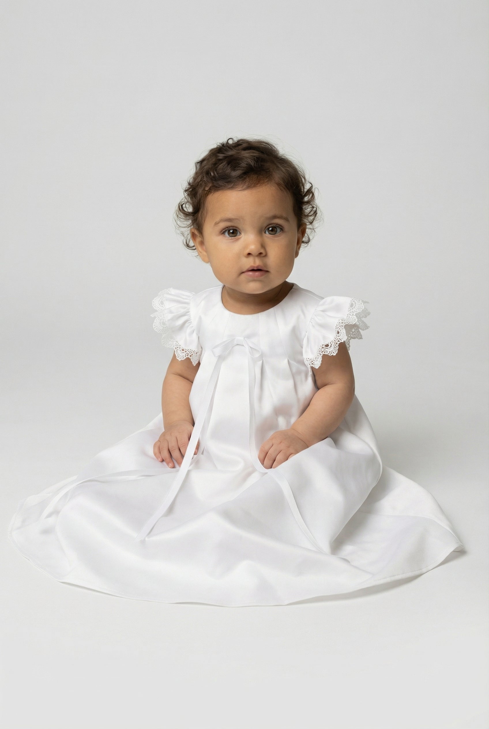 Baby Girls Satin Christening Gown with Lace Flutter Sleeves - Francesca - White