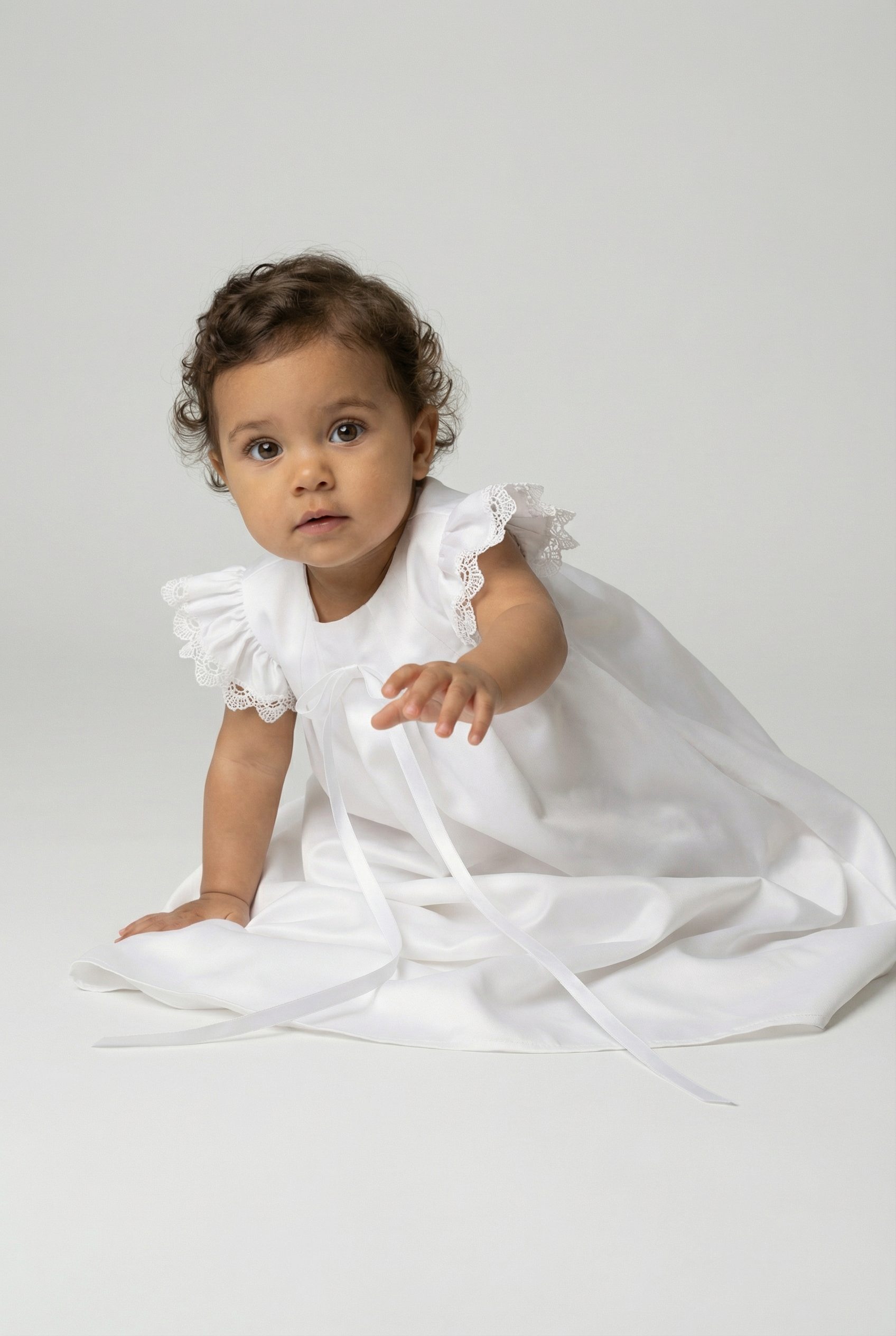 Baby Girls Satin Christening Gown with Lace Flutter Sleeves - Francesca - White