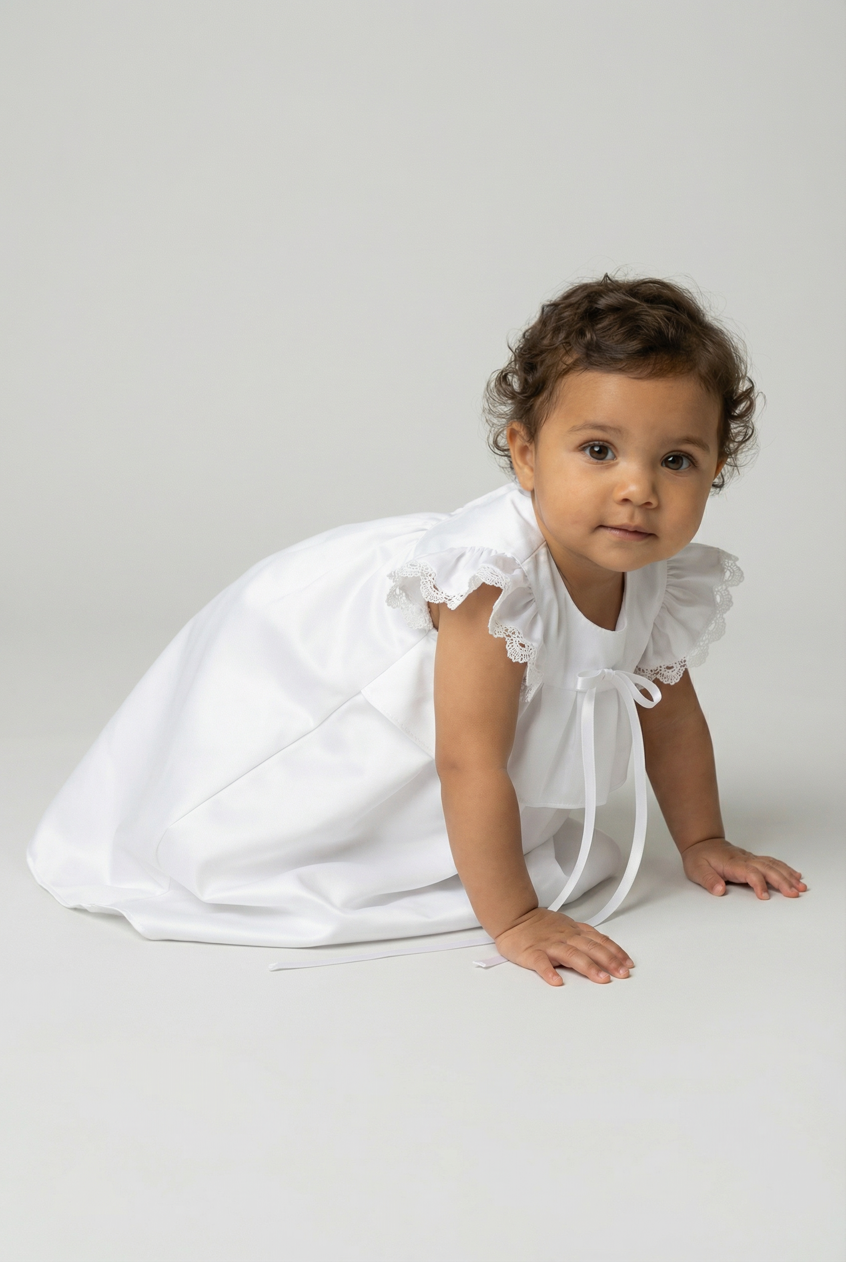 Baby Girls Satin Christening Gown with Lace Flutter Sleeves - Francesca - White