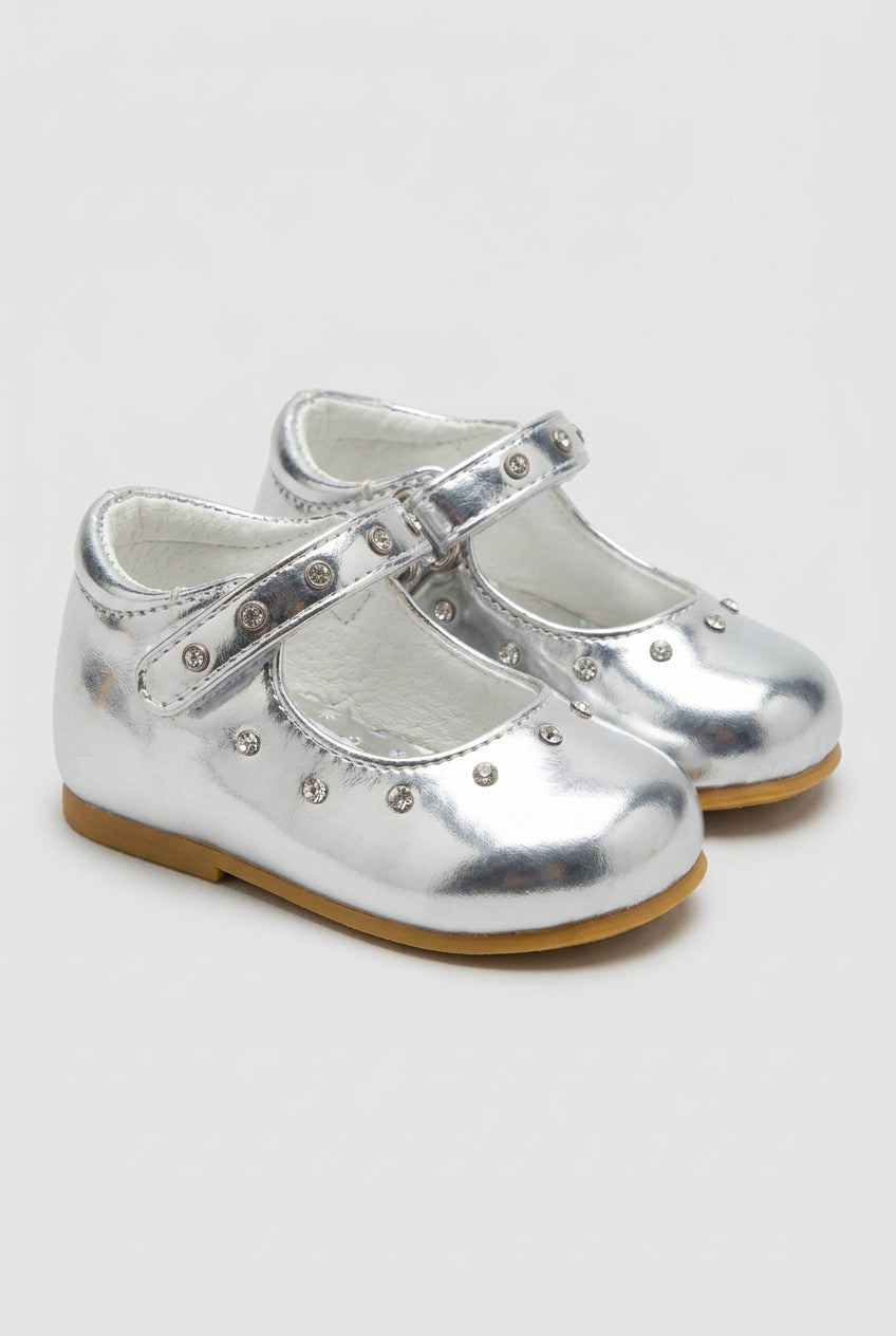 Baby Girls Silver Studded Mary Jane Shoes Pair Side Picture