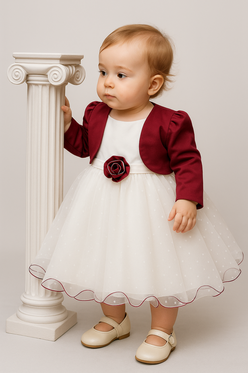 Baby Girls Wedding Cristening Bolero Dress - Ivory- Burgundy