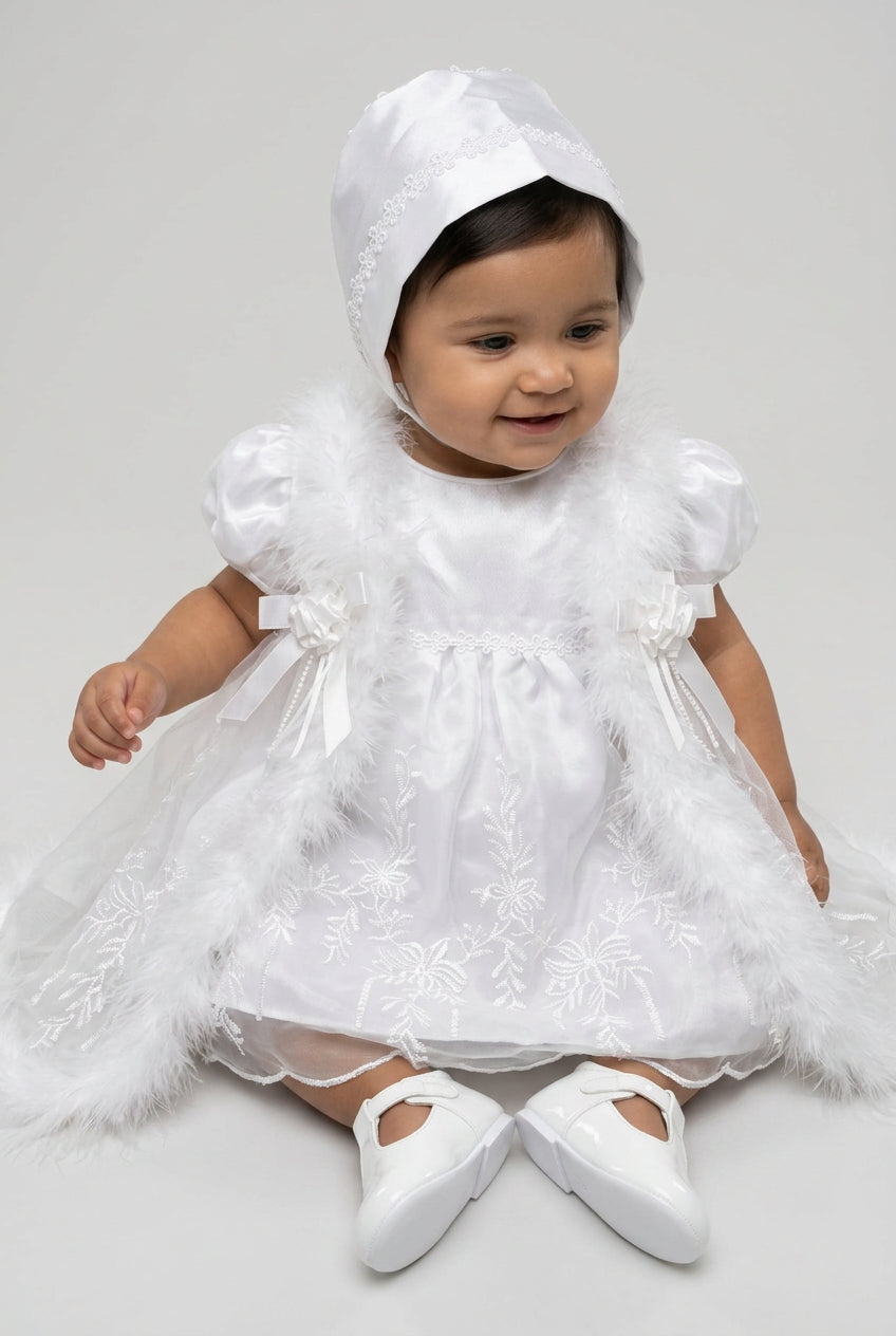Baby Girls White 3 Piece Christening Dress Set with Feather Tulle Kaftan & Bonnet