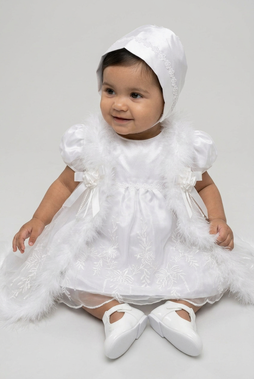 Baby Girls White 3 Piece Christening Dress Set with Feather Tulle Kaftan & Bonnet