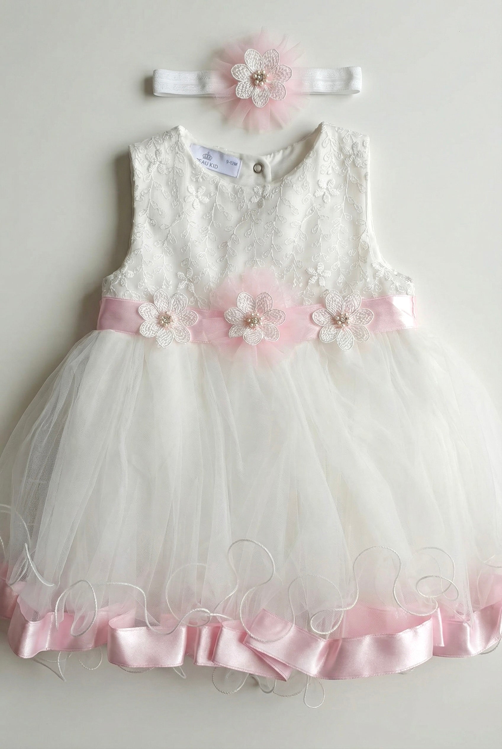 Baby Girls White Tulle Party Dress with Pink Sash & Headband