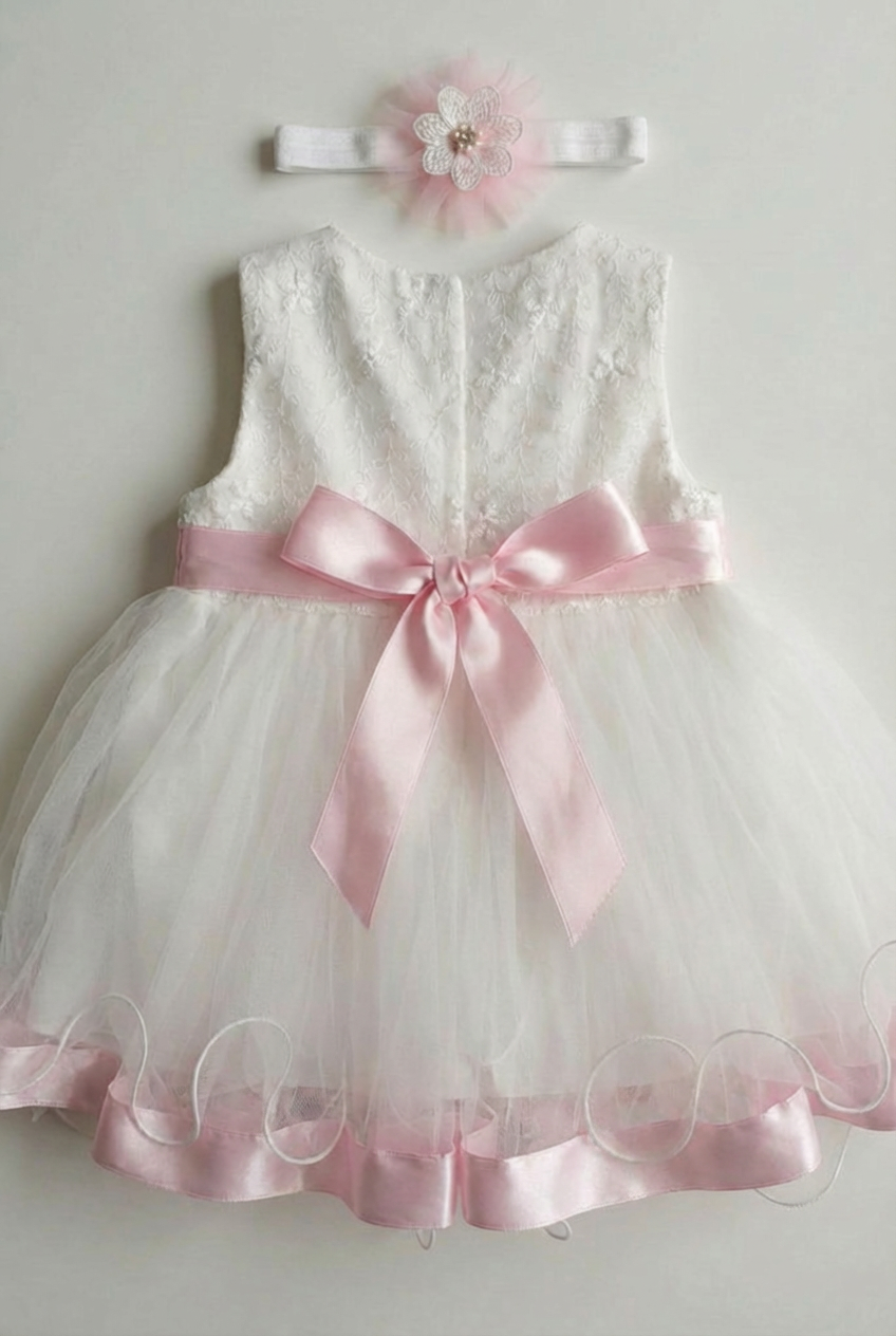 Baby Girls White Tulle Party Dress with Pink Sash & Headband