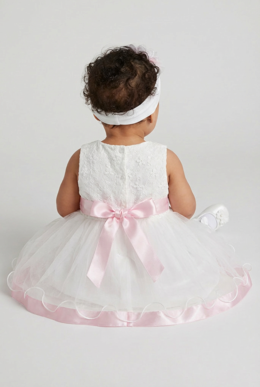 Baby Girls White Tulle Party Dress with Pink Sash & Headband