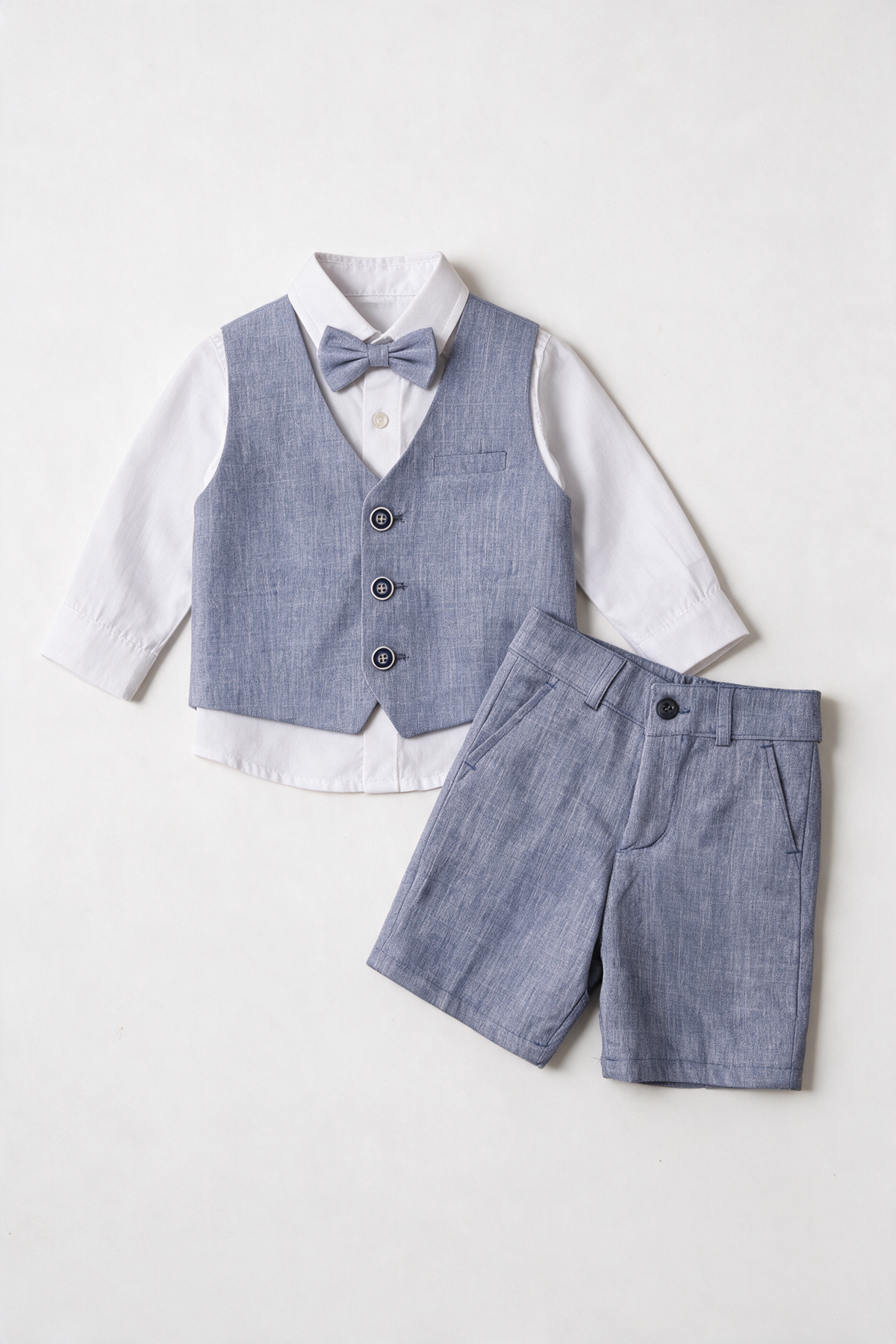 Baby 4-Piece Cotton-Linen Waistcoat Shorts Suit Set - Grayish Navy front picture