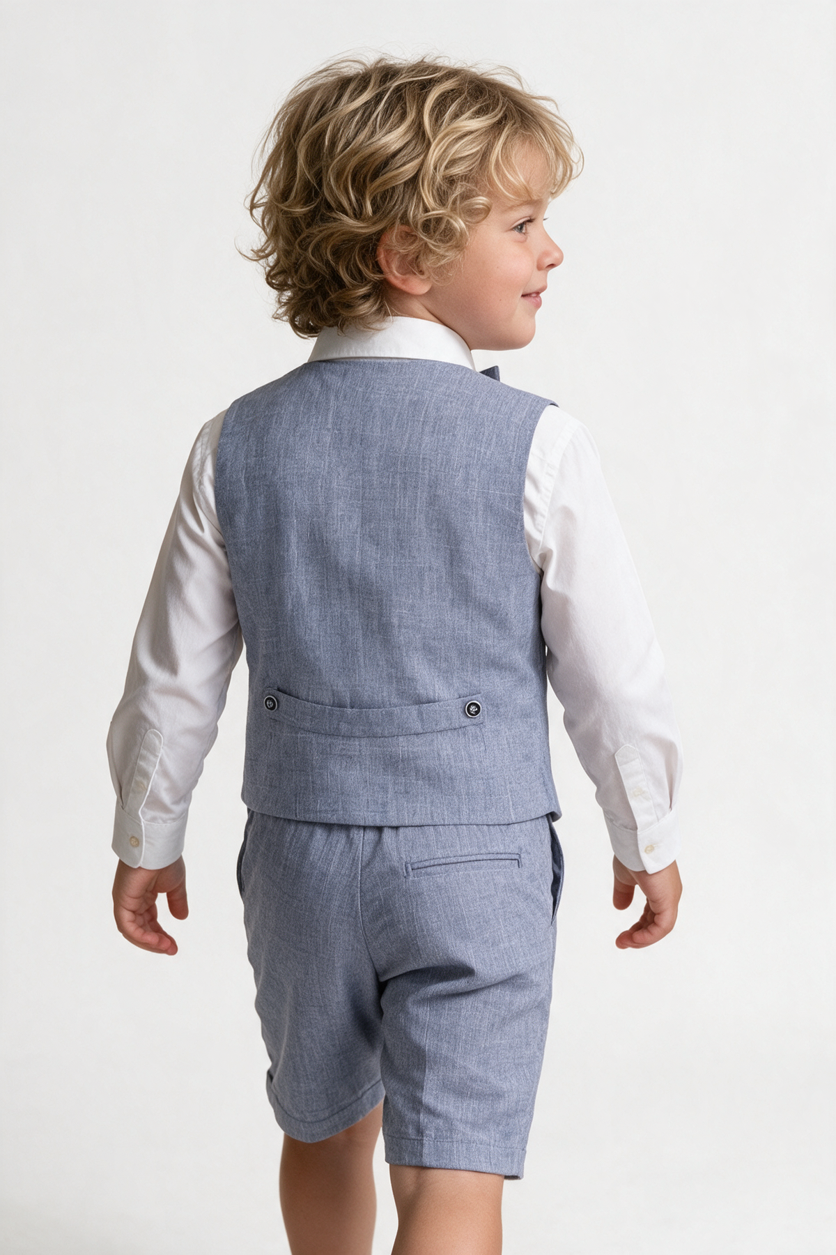Baby & Boys 4-Piece Cotton-Linen Waistcoat Shorts Suit Set - Grayish Navy Boy model back picture