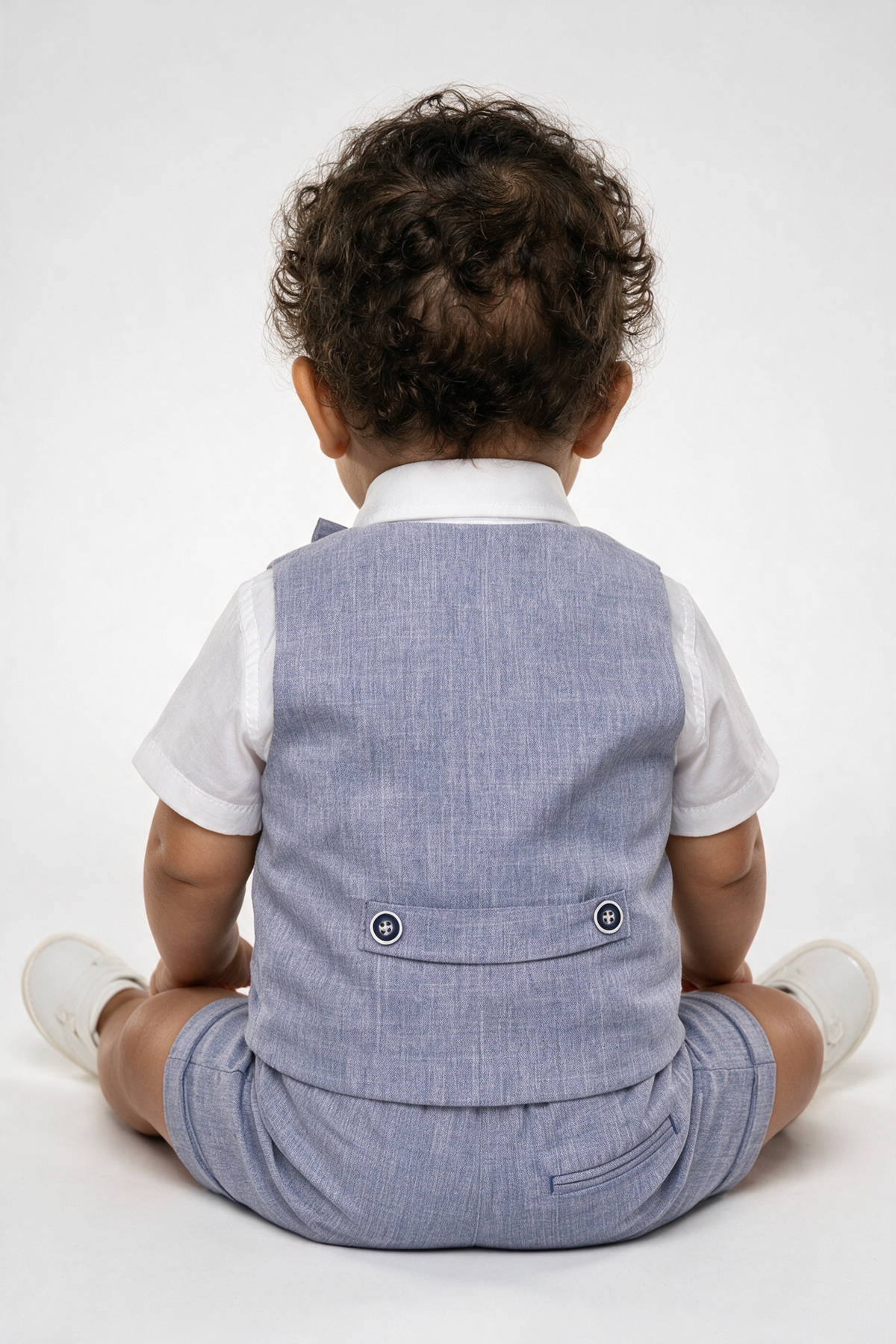 Baby & Boys 4-Piece Cotton-Linen Waistcoat Shorts Suit Set - Grayish Navy baby model back picture