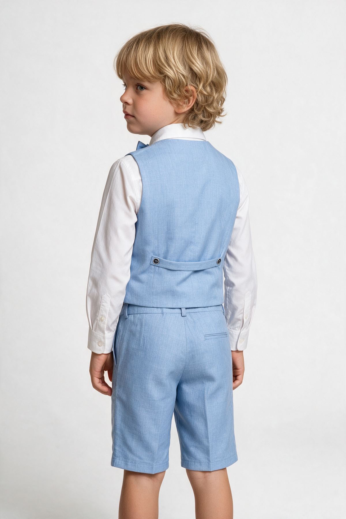 Baby & Boys 4-Piece Cotton-Linen Waistcoat Shorts Suit Set - Sky Blue Modle Back Picture