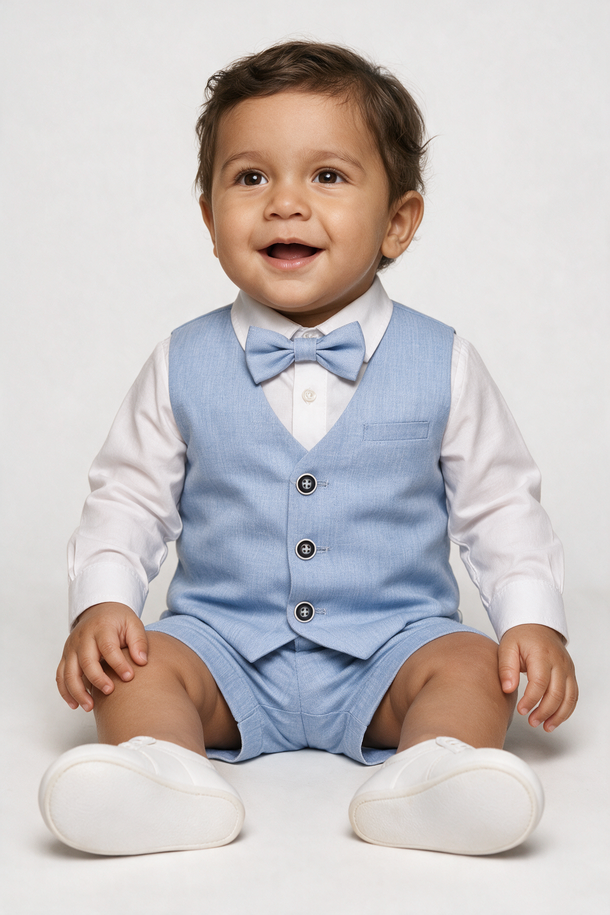 Baby & Boys 4-Piece Cotton-Linen Waistcoat Shorts Suit Set - Sky Blue Baby Picture