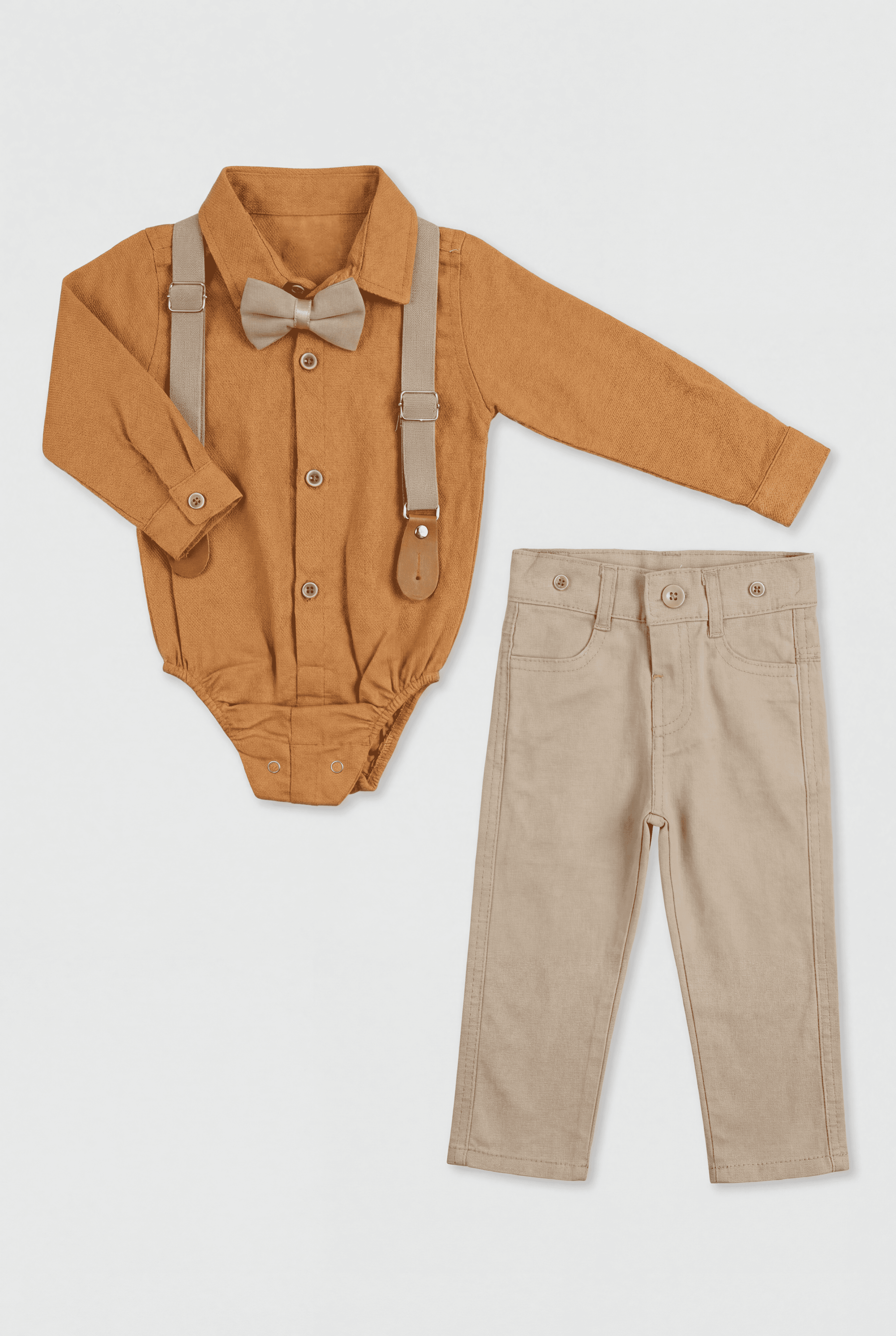 Baby Boys 4-Piece Cotton Gentleman Outfit Set - Cinnamon & Beige Front Picture