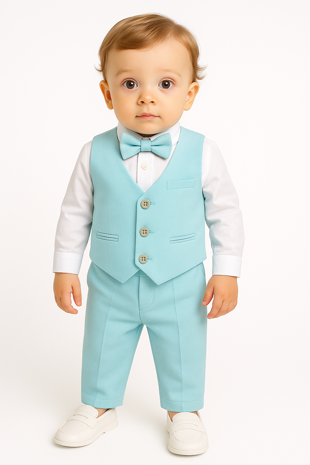 Baby Boys Cotton Linen Waistcoat Suit Set 3 Piece - Green Model Picture