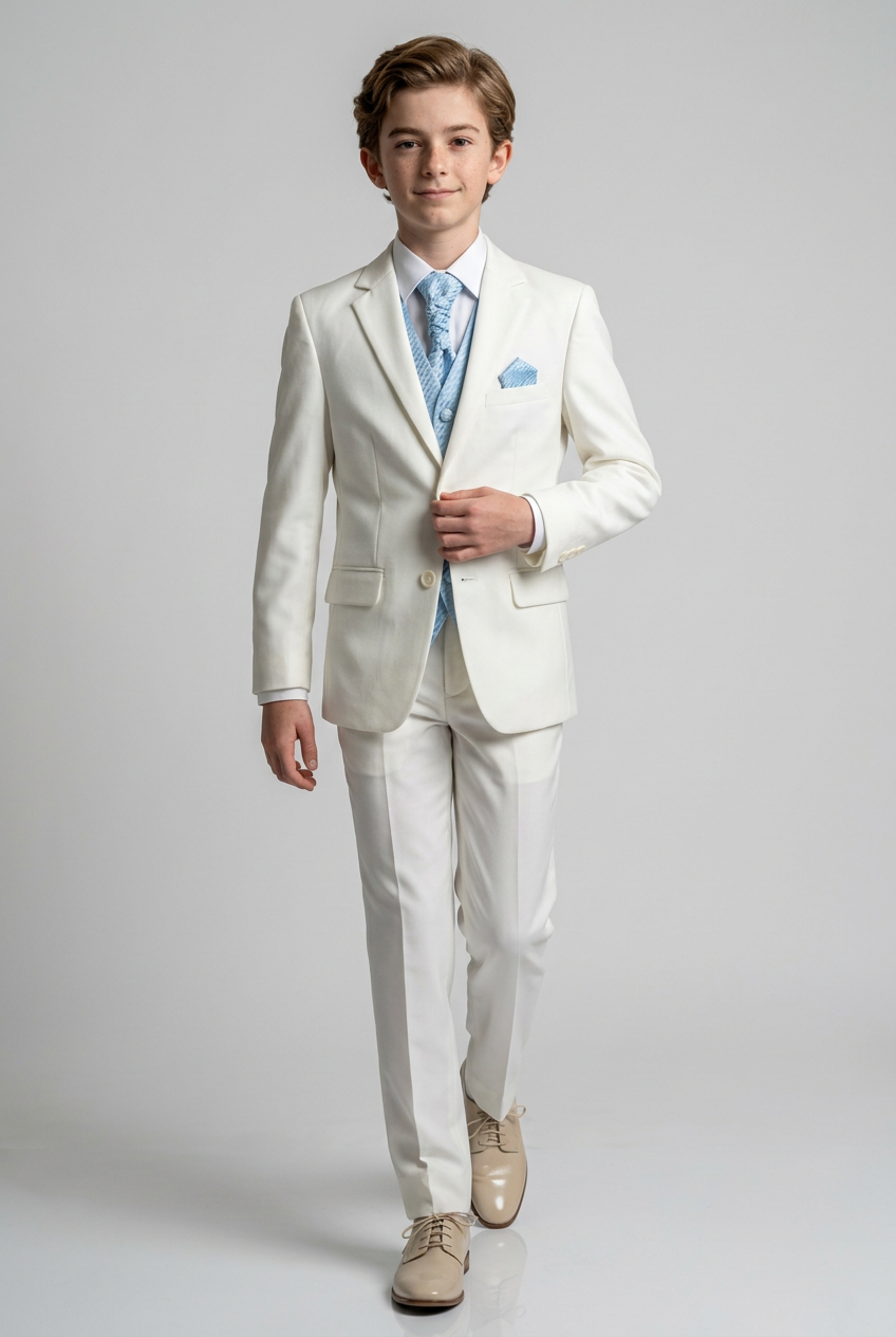 Baby & Boys Wedding Prom Pageboy Suit, Choice Of Waistcoat 5PC - Cream - Blue