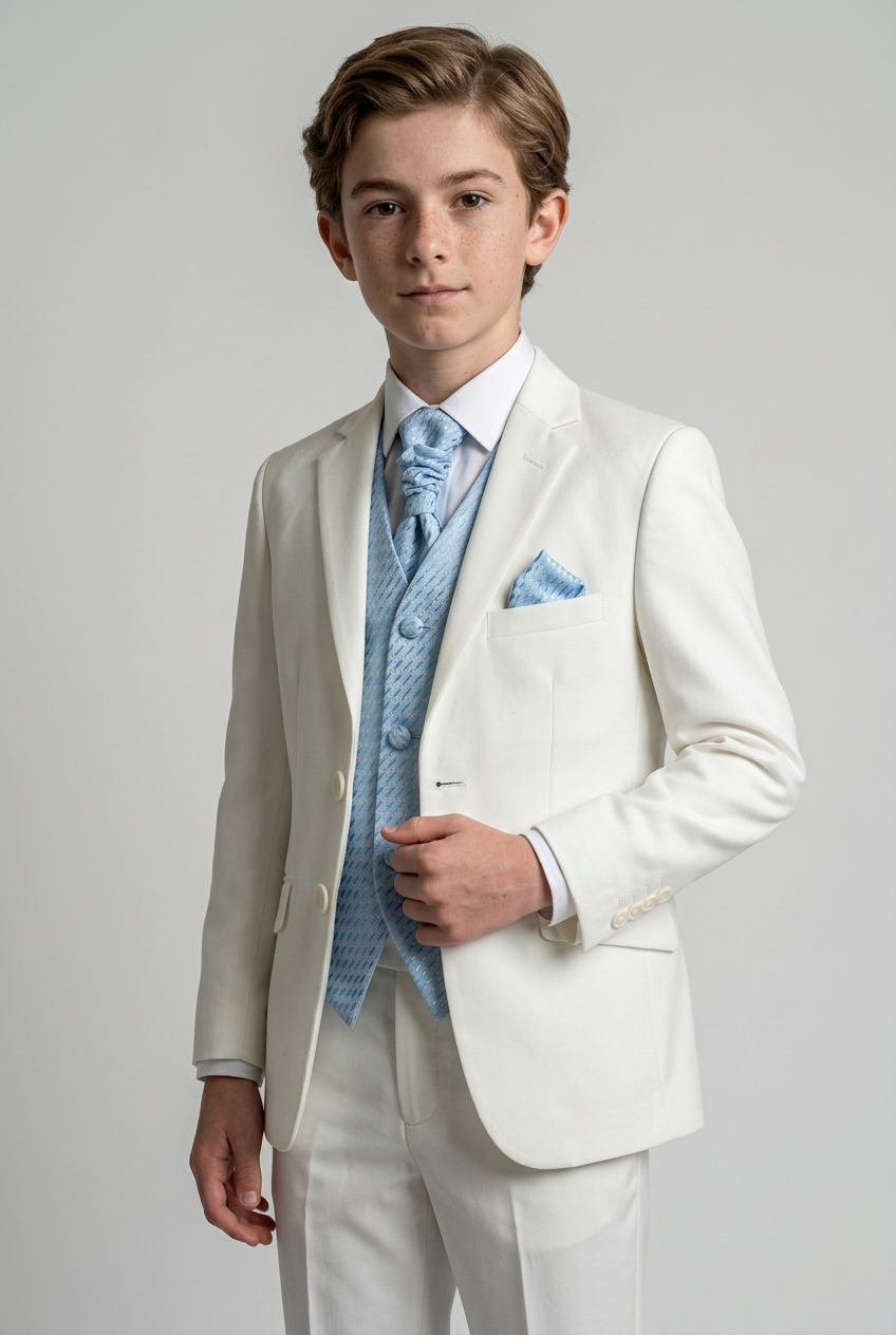 Baby & Boys Wedding Prom Pageboy Suit, Choice Of Waistcoat 5PC - Cream - Blue