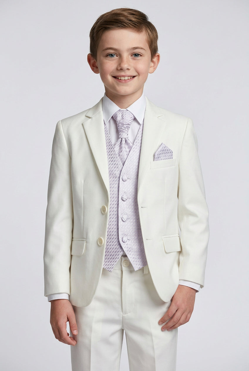 Baby & Boys Wedding Prom Pageboy Suit, Choice Of Waistcoat 5PC - Cream - Lilac