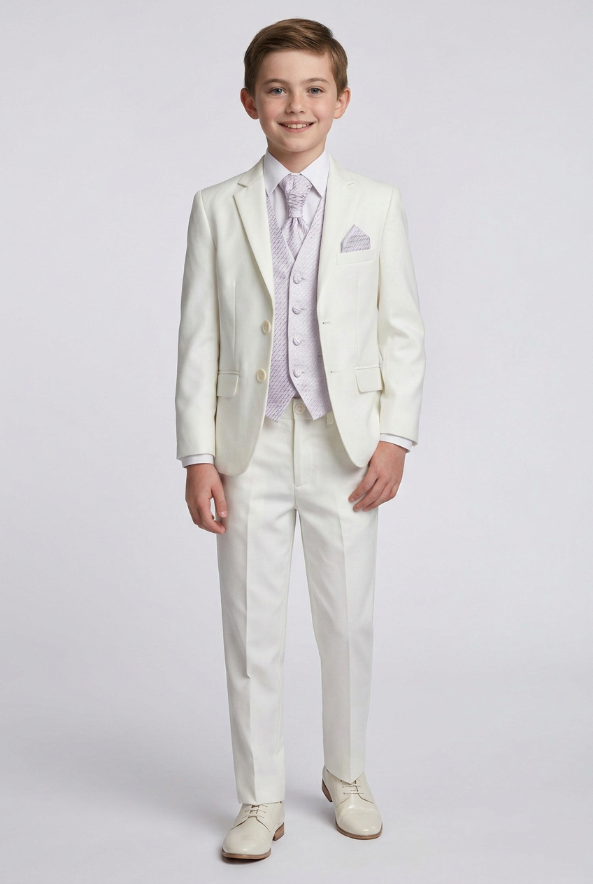 Baby & Boys Wedding Prom Pageboy Suit, Choice Of Waistcoat 5PC - Cream - Lilac