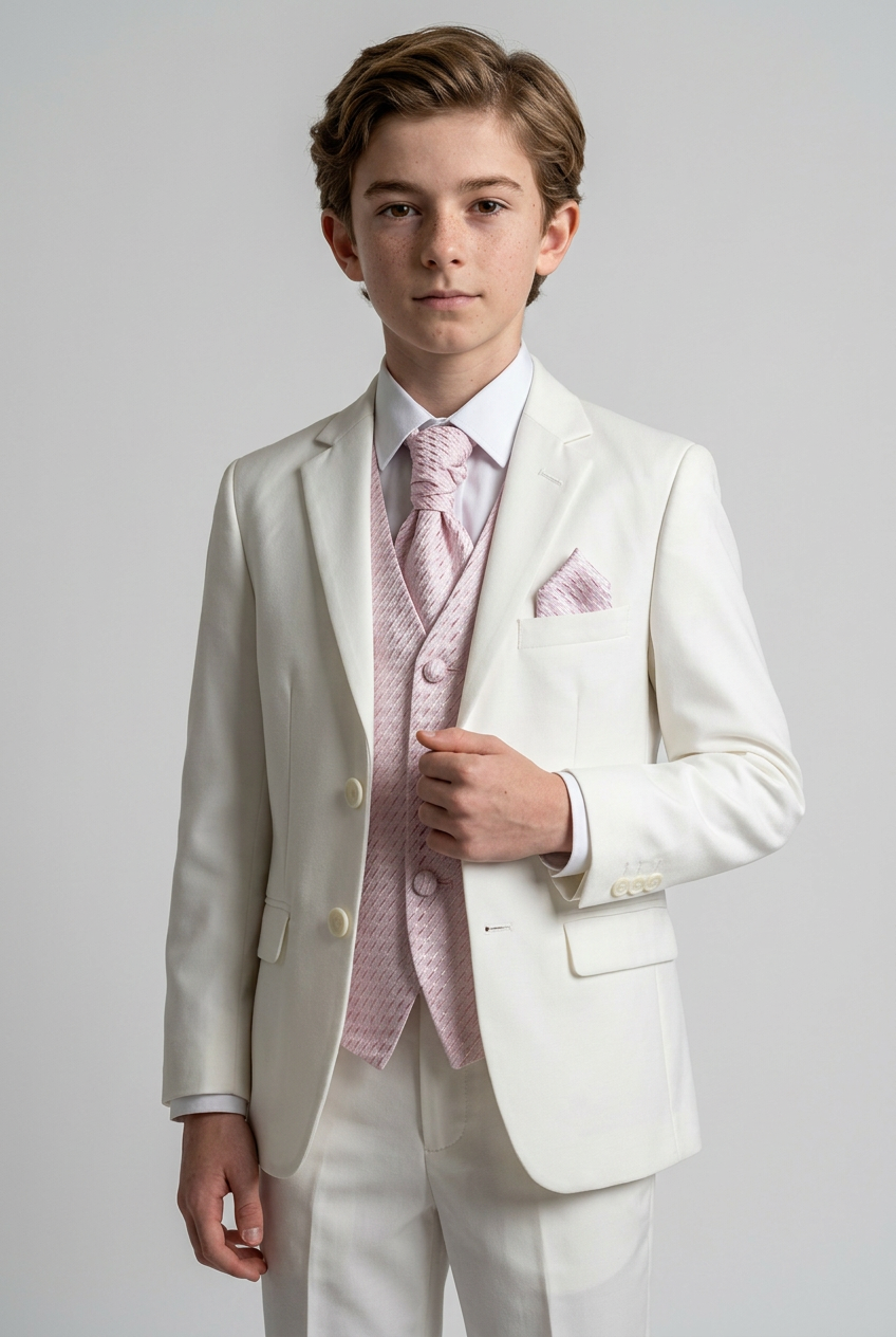 Baby & Boys Wedding Prom Pageboy Suit, Choice Of Waistcoat 5PC - Cream - Pink