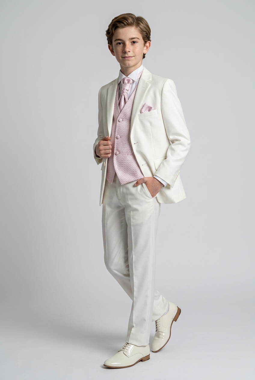 Baby & Boys Wedding Prom Pageboy Suit, Choice Of Waistcoat 5PC - Cream - Pink