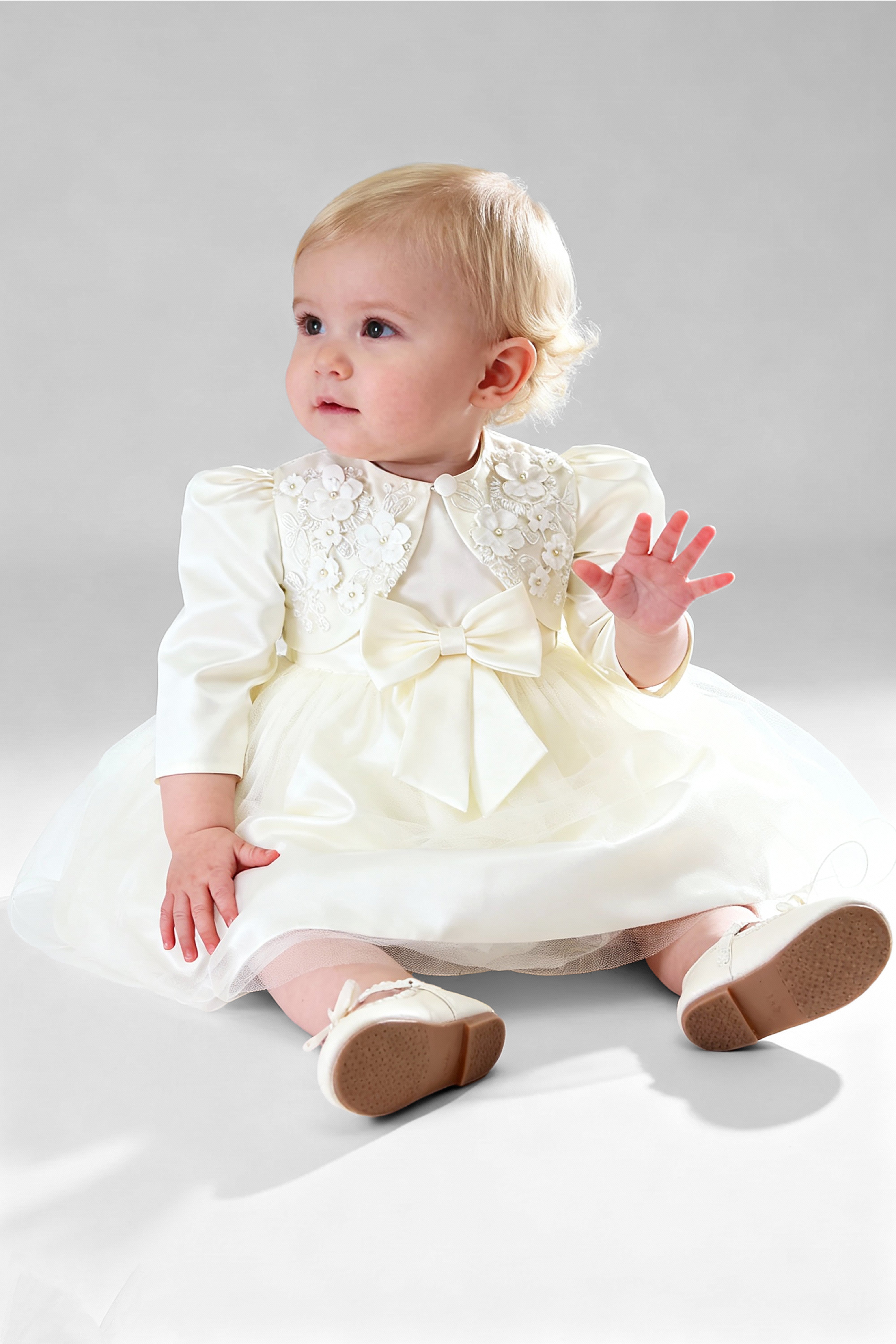 Baby Girl Sleeveless Dress with Floral Bolero - B1176 - Ivory Model Picture