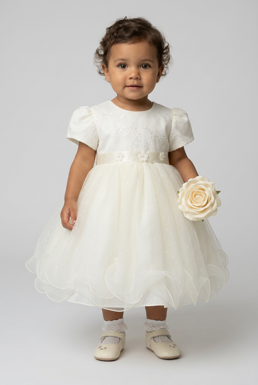 Baby Girls Balloon Sleeve Tulle Dress – B1038 - Ivory